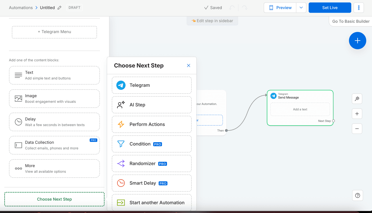 Manychat Choose Next Step modal — full action vocabulary including AI Step on Free tier