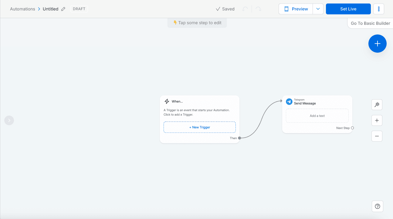 Manychat Flow Builder blank canvas with 2-node skeleton — Trigger placeholder + Telegram Send Message node