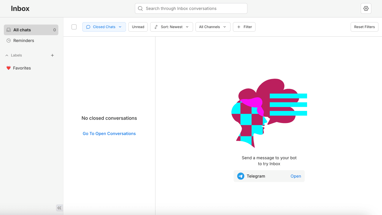 Manychat Inbox showing No closed conversations empty state — webhook desync prevented messages from reaching Manychat