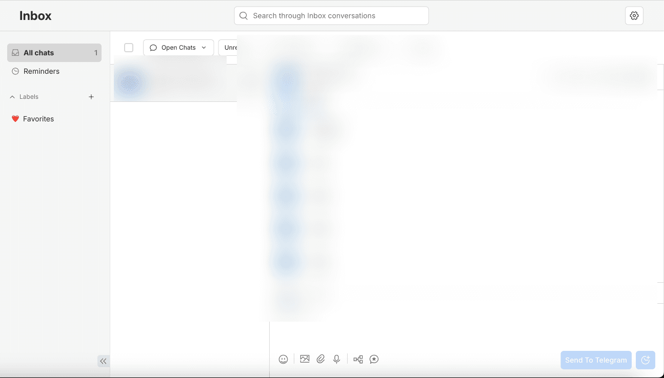 Manychat Inbox after Telegram channel reconnect — conversation visible (user identity blurred for privacy)