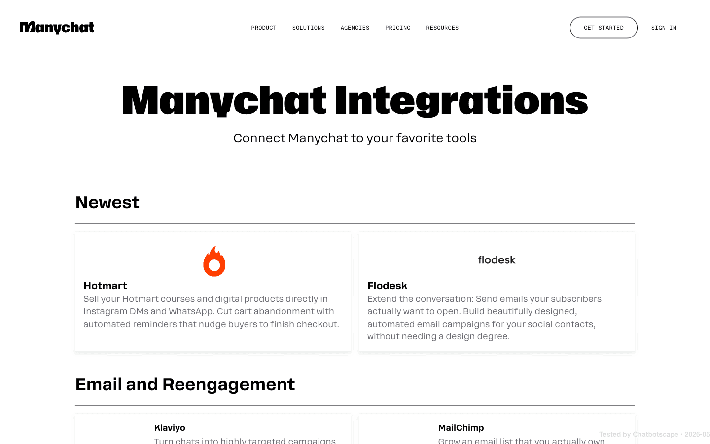 Manychat integrations marketplace showing CRM, ecommerce, and automation connectors