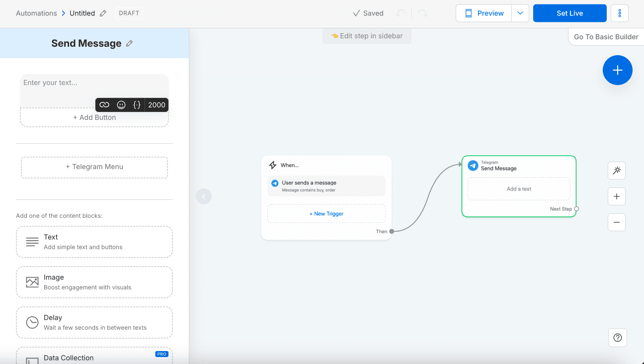 Manychat Send Message editor — text input with 2000 char limit, Add Button, Telegram Menu, content block library