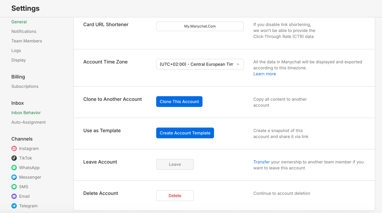 Manychat Settings — General page with channel taxonomy in left sidebar showing all 7 channels