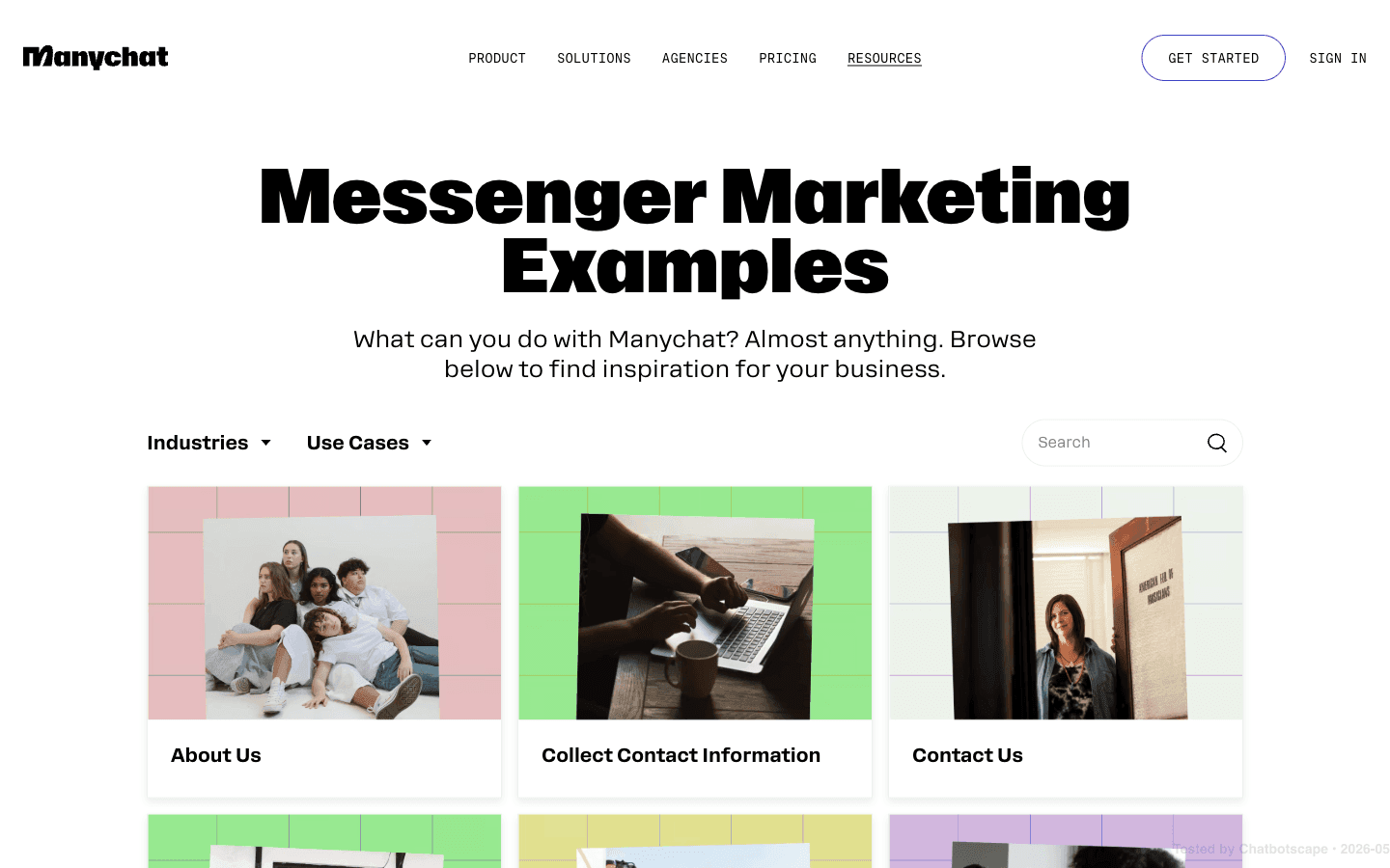 Manychat Messenger marketing examples library showing pre-built automation flows