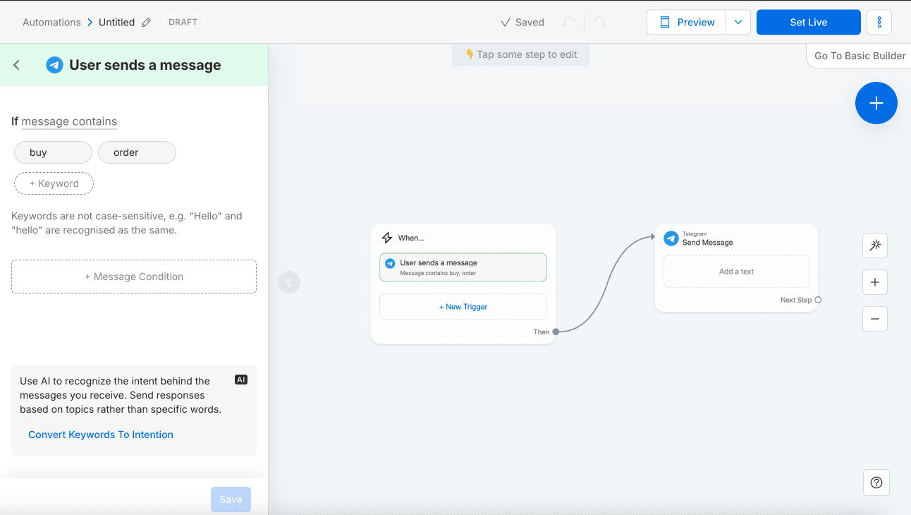 Manychat trigger configuration sidebar — User sends a message trigger with Begin/After keyword matching + AI intent recognition link