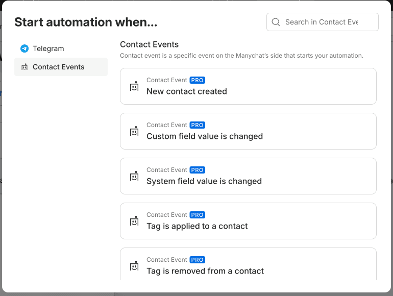 Manychat trigger picker — Contact Events tab with all 5 options marked PRO