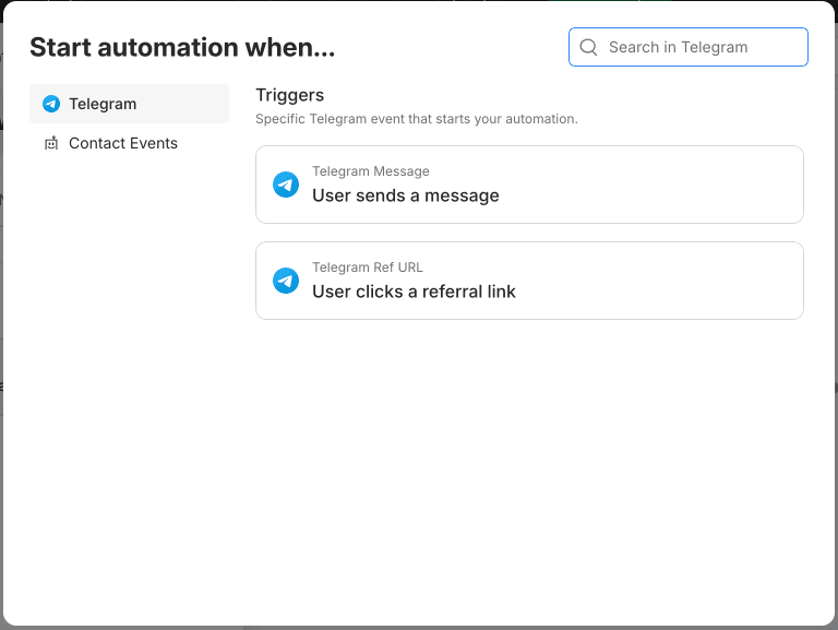Manychat trigger picker — Telegram tab with 2 free triggers (Telegram Message + Telegram Ref URL)