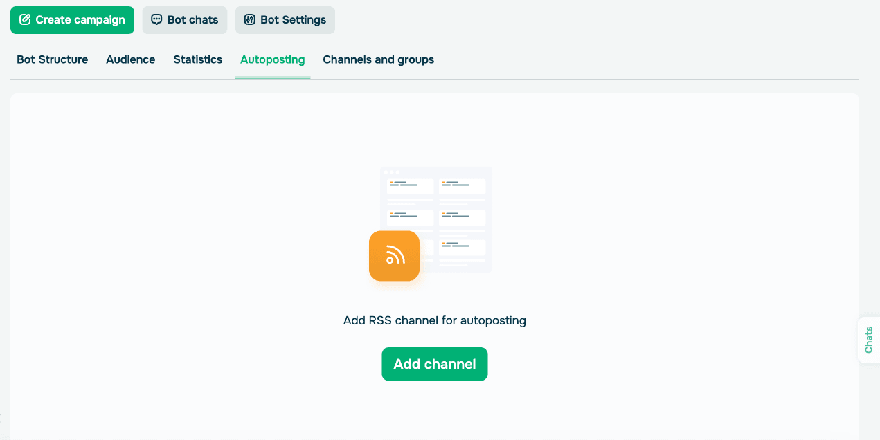 SendPulse Autoposting tab empty state with Add RSS channel for autoposting button