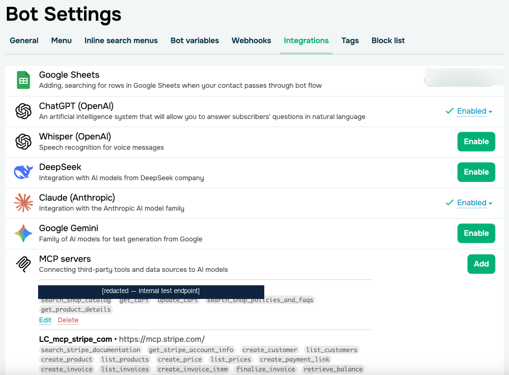 SendPulse Bot Settings → Integrations tab showing Google Sheets plus 5 AI provider integrations (ChatGPT OpenAI, Whisper OpenAI, DeepSeek, Claude Anthropic, Google Gemini) and MCP servers section with active MCP connections (Shopify catalog tools, Stripe payment tools)