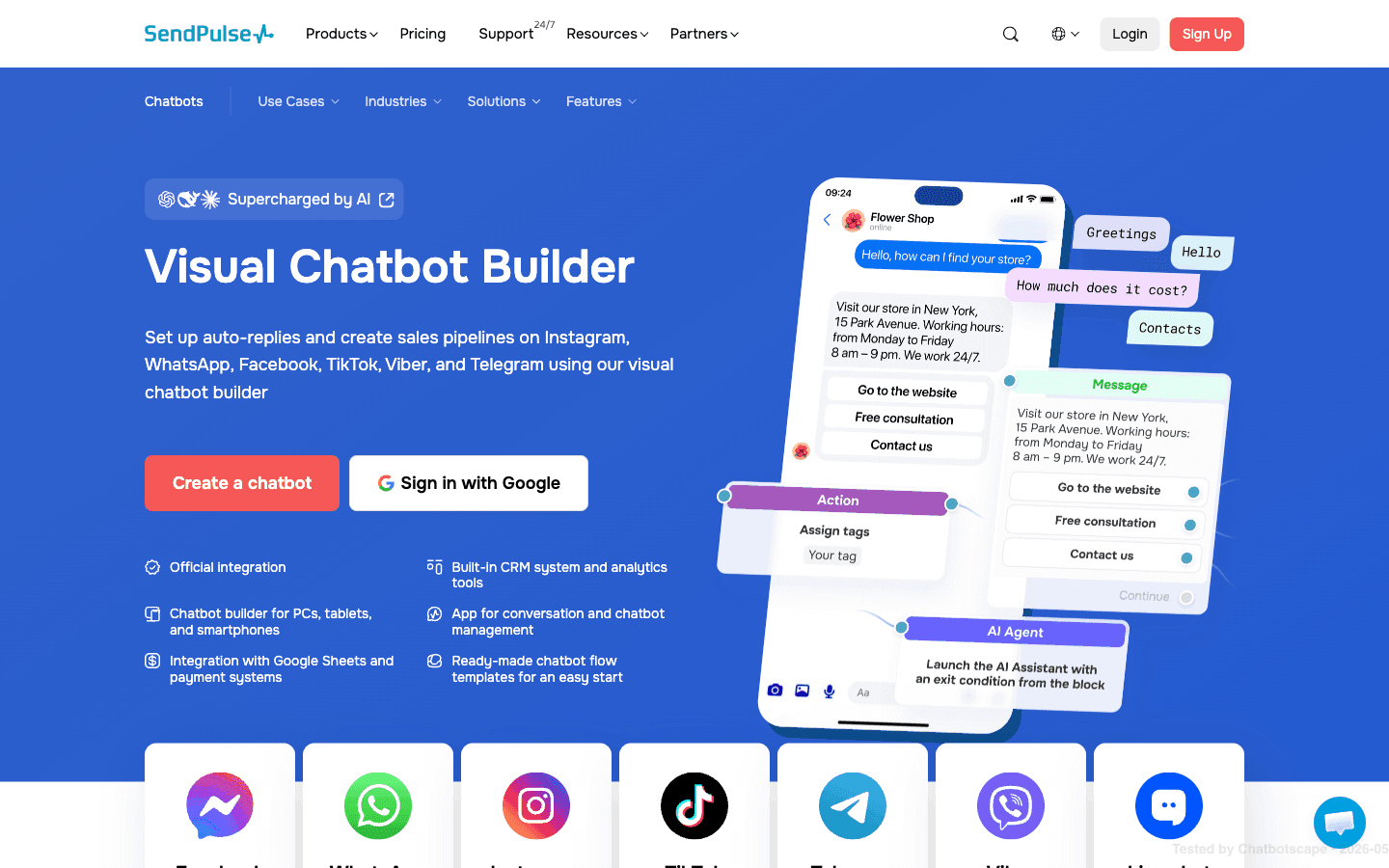 SendPulse visual chatbot builder product page showing multi-channel flow editor