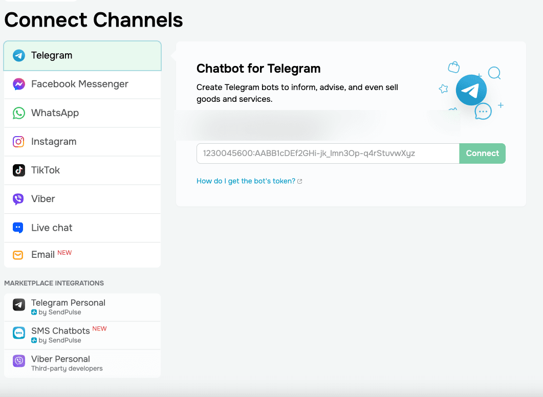 SendPulse Connect Channels screen showing 8 native channels (Telegram, Facebook Messenger, WhatsApp, Instagram, TikTok, Viber, Live chat, Email) plus 3 marketplace integrations (Telegram Personal by SendPulse, SMS Chatbots by SendPulse, Viber Personal by third-party developers)