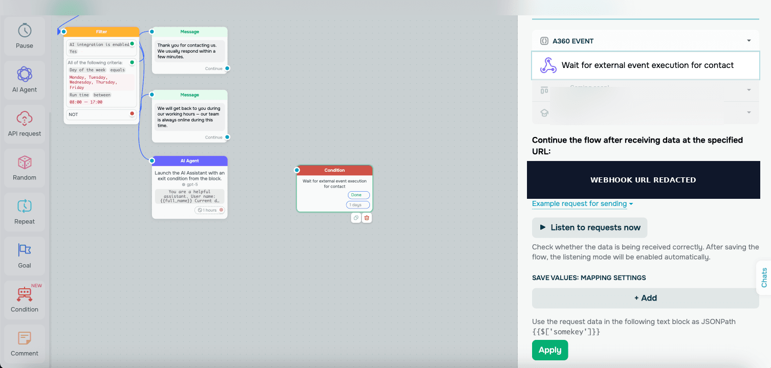 SendPulse Flow Builder with external event trigger panel — Wait for external event execution for contact via A360 EVENT integration with CRM and COURSES selectors