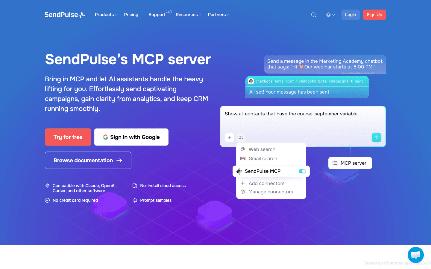SendPulse MCP Server product page showing AI assistant integration with Claude OpenAI Cursor
