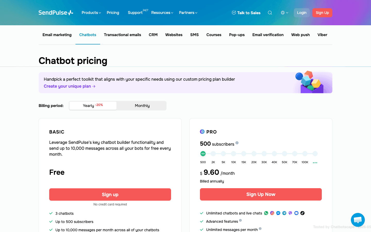 SendPulse chatbot pricing page showing Free and Pro plans with monthly billing and slider-based subscriber scaling