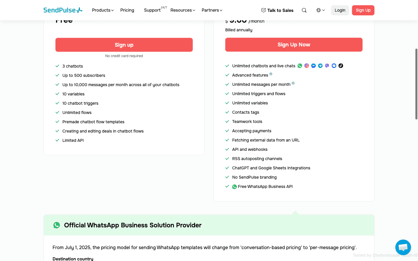 SendPulse Pro pricing slider showing subscriber capacity tiers from 500 to 1M with annual pricing visible