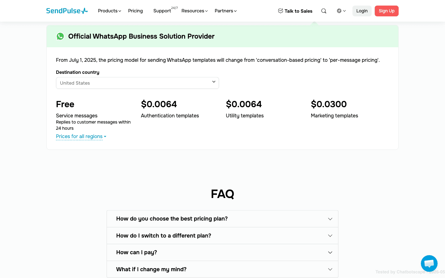 SendPulse WhatsApp Business API per-country message pricing table covering 100+ destination countries