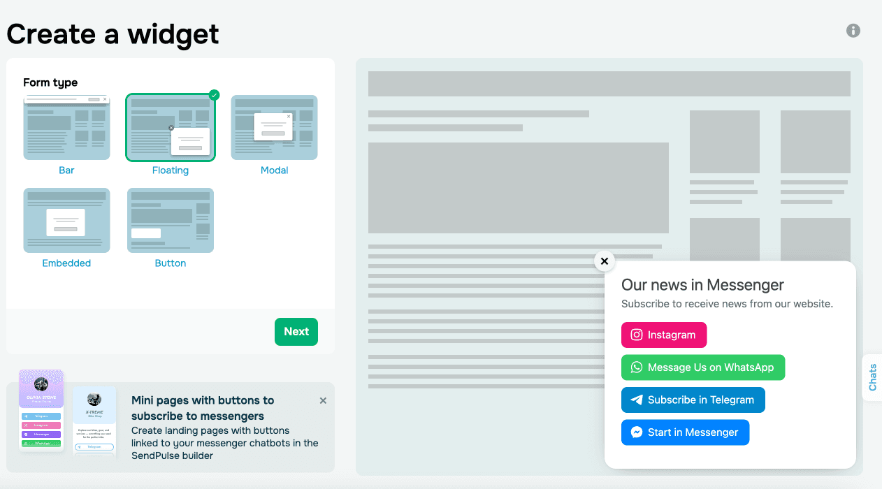 SendPulse Create a Widget tool — form-type selector (Bar / Floating / Modal / Embedded / Button) and Messenger Subscribe widget preview