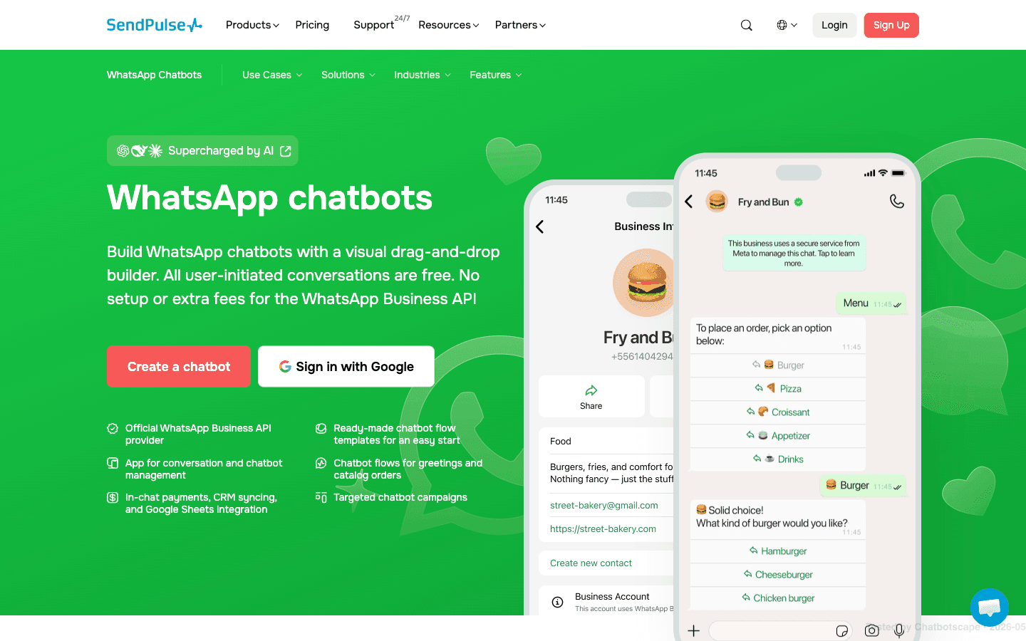 SendPulse WhatsApp Business API chatbot product page showing BSP claim and free setup