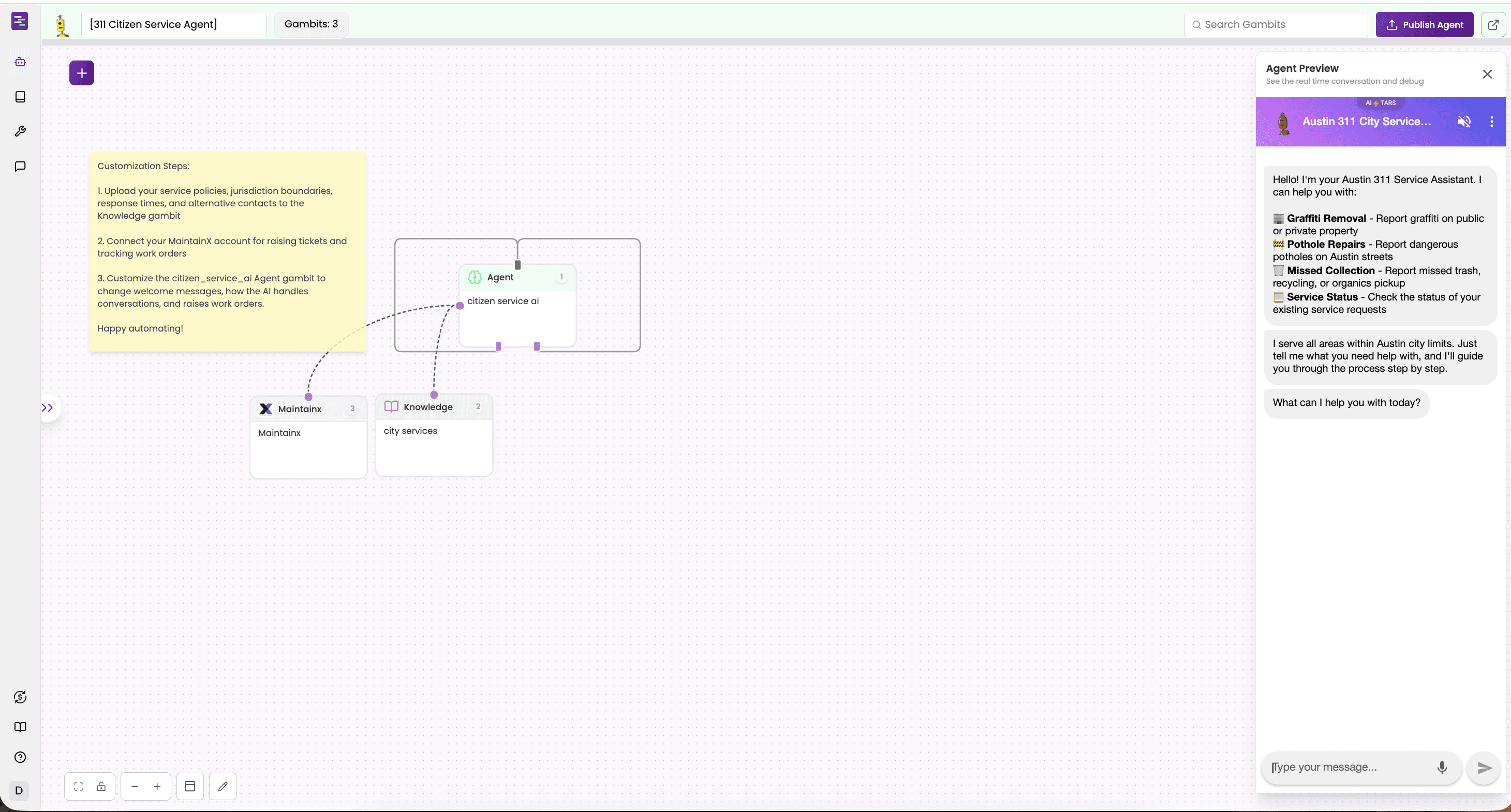 Tars 311 Citizen Service template — government-vertical agent skeleton with city-services intent classification, multi-step forms for service requests (potholes / streetlights / noise complaints), location capture, and confirmation summary.