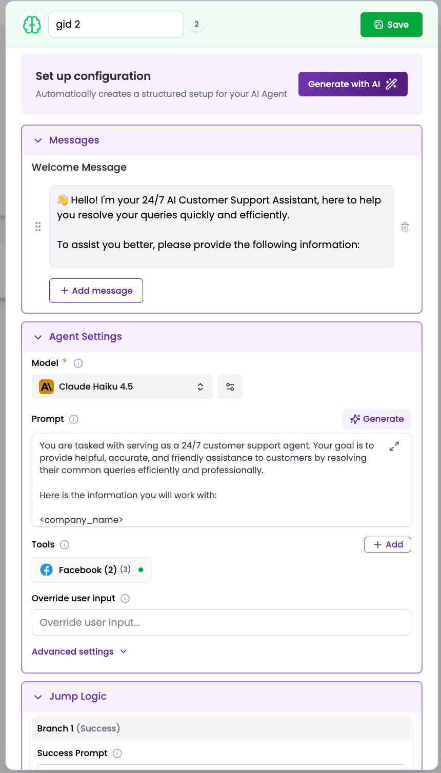 Tars AI agent configuration — agent name field, role description textarea, knowledge base attachment (PDF / URL upload zones), LLM provider selector (Advanced LLM models / vendor-managed), tone picker, conversation goal selection, fallback behavior config.