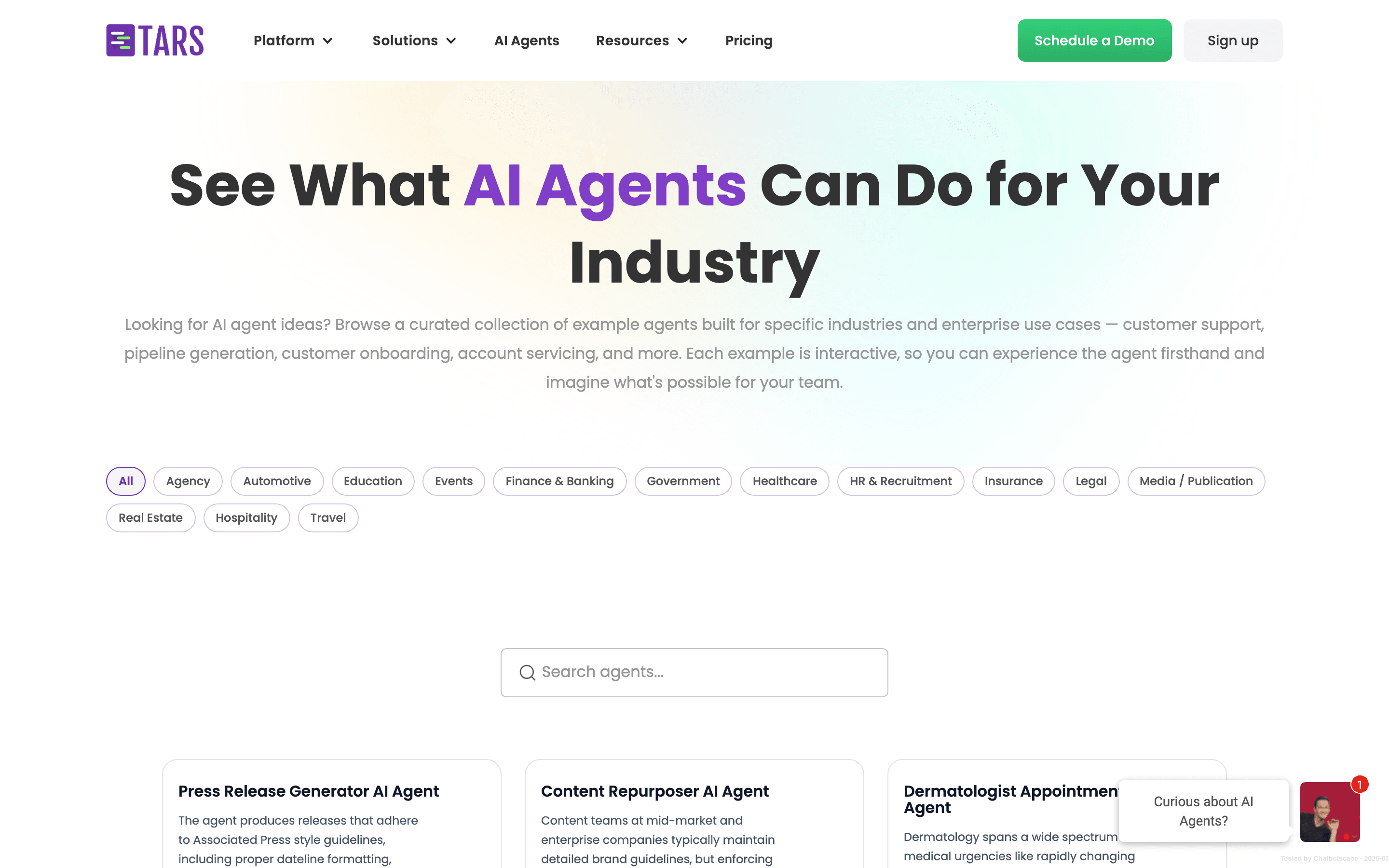 Tars AI Agents page showing AI engine, LLM-powered NLU, and form-flow integration capabilities