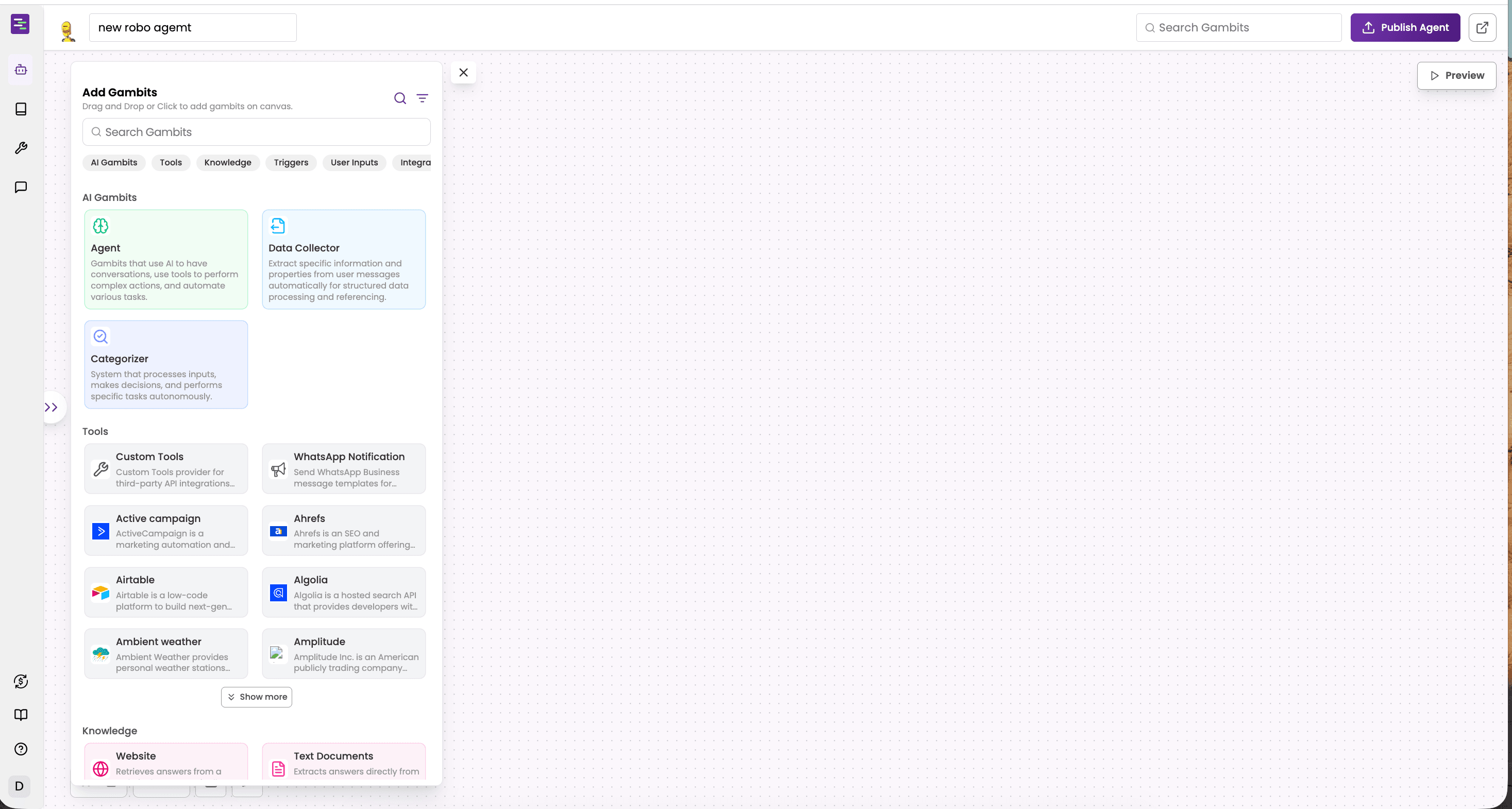 Tars Build an agent modal — three-option picker. Option 1: Start with AI (describe what you want, AI generates skeleton). Option 2: Use a template (gallery of vertical-specific templates). Option 3: Start from scratch (blank canvas). Each option has a brief description and a primary CTA.
