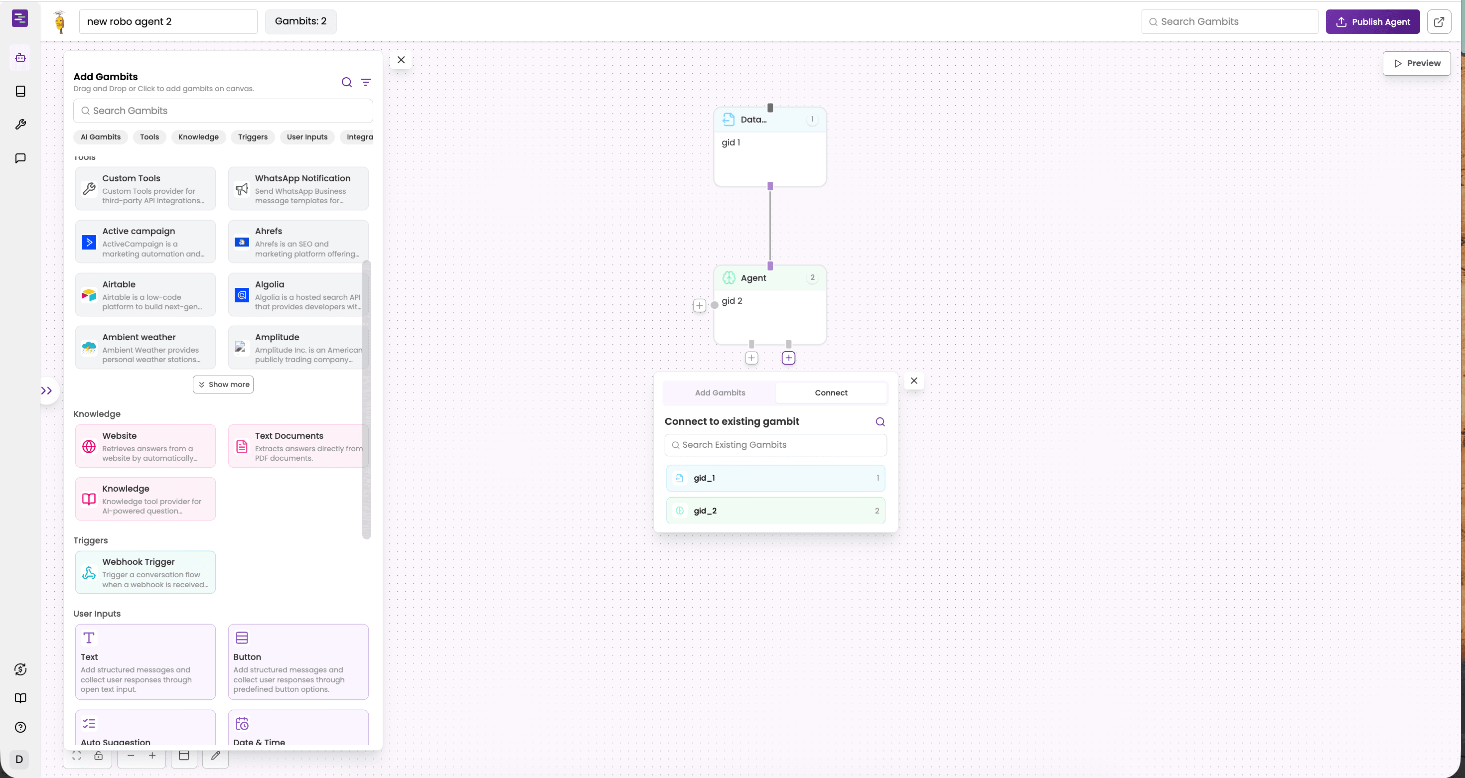 Tars visual canvas builder showing a multi-step form-bot flow — start node connects to greeting message, then sequential question nodes (name / email / phone / use case / budget), each with input validation, branching logic on use case selection, and a final summary node before submission.