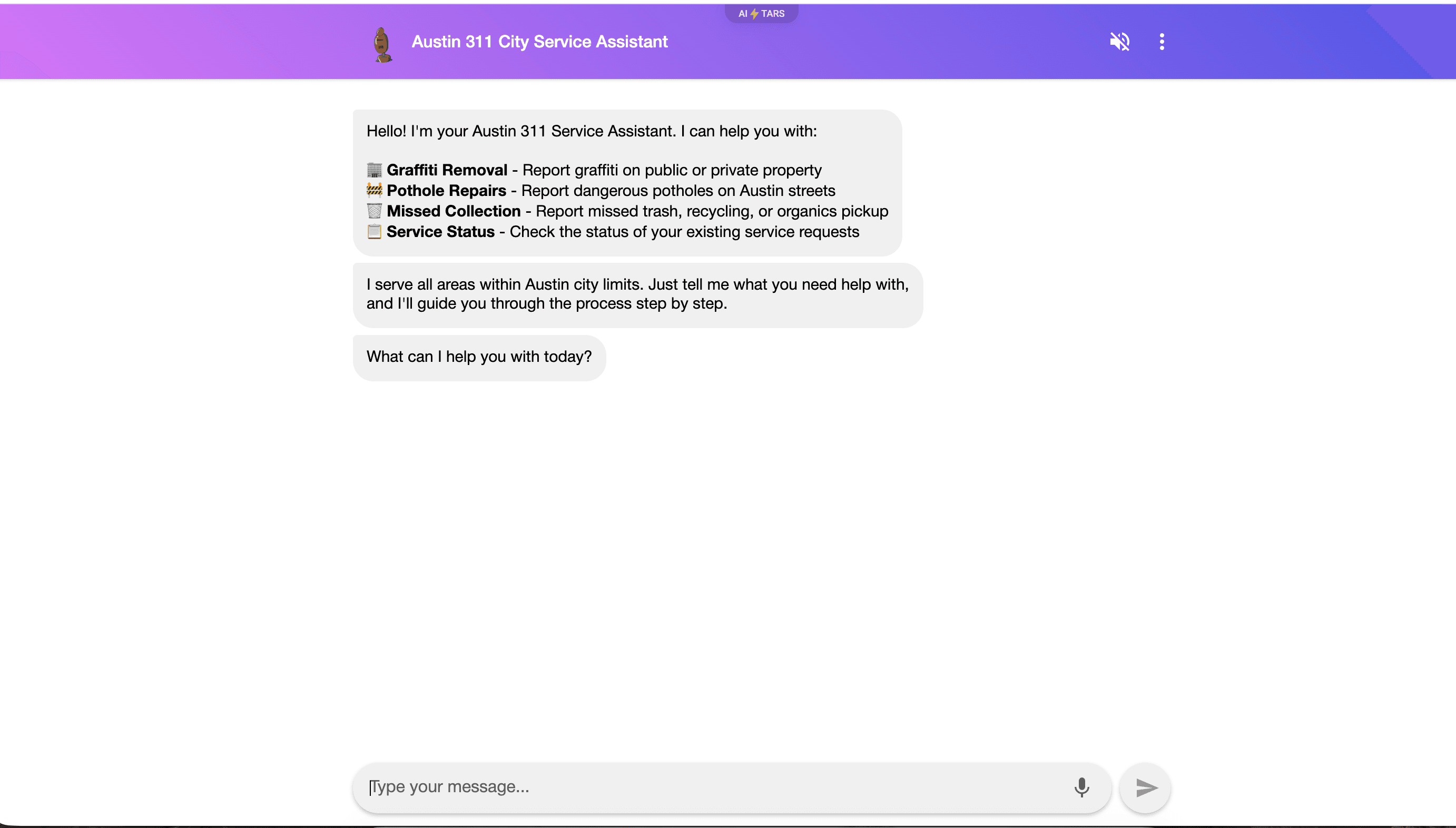 Tars chat preview — embedded test chat with the agent under construction. Customer-side text input at bottom, message thread showing agent greeting + structured form questions + customer responses (test data) + agent summary, controls at top to restart conversation / clear data / share preview link.