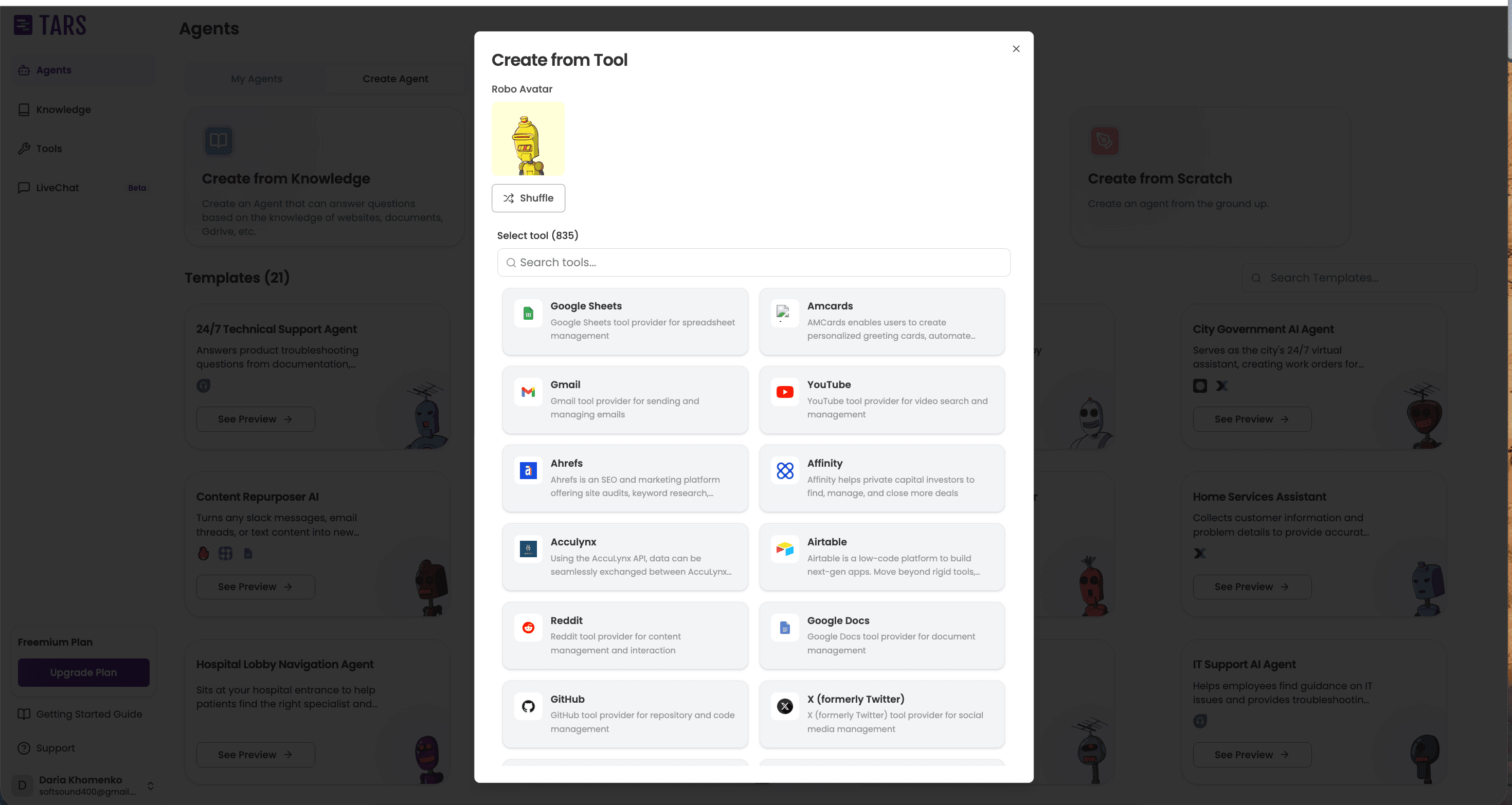 Tars Start from a tool dialog — search bar at top, tool grid showing first-class integrations: Calendly / Stripe / HubSpot / Salesforce / Zapier / Google Sheets / Airtable / Slack / Mailchimp, each with name + 1-line description + Create agent button.