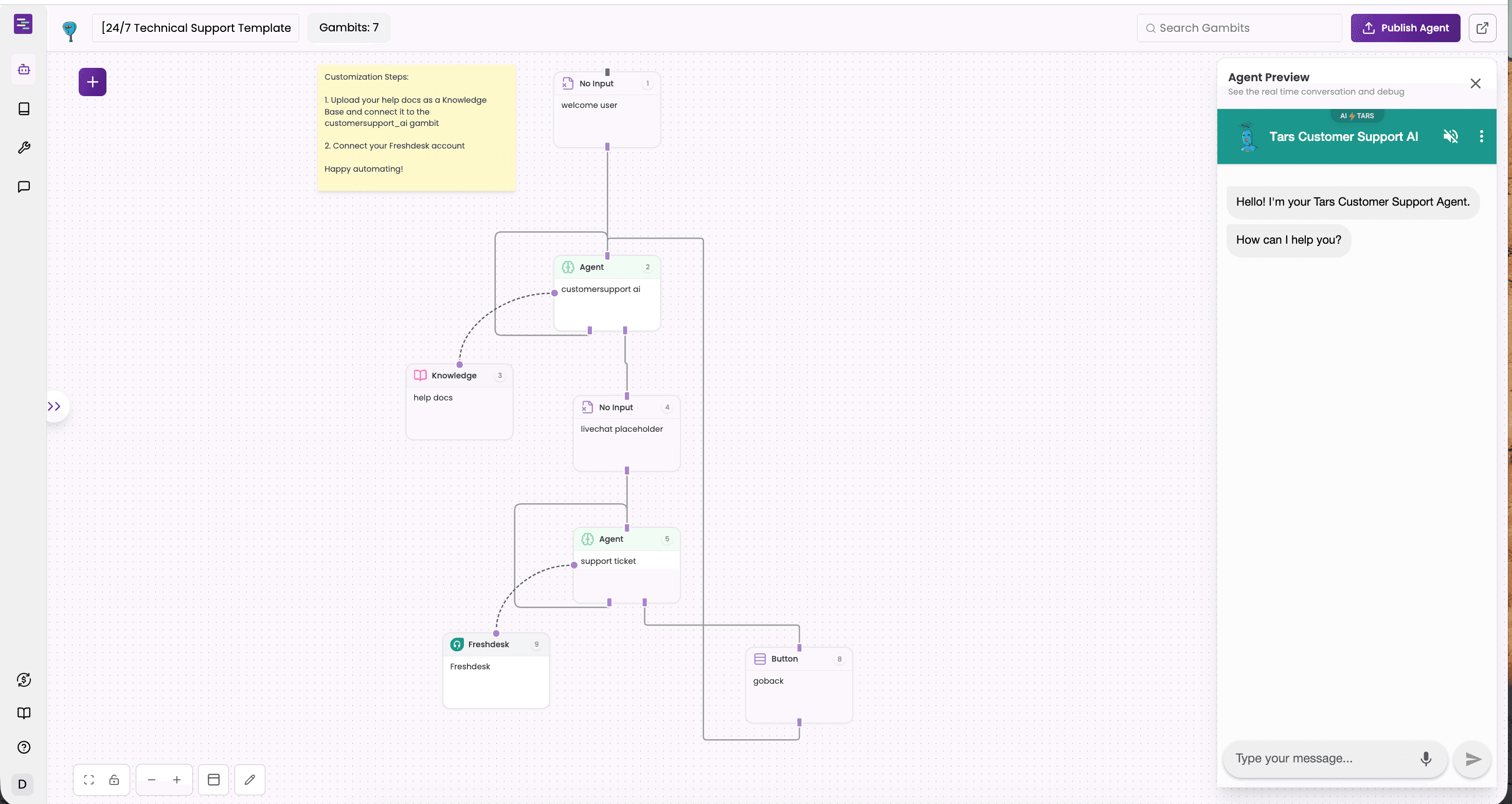 Tars Customer Support template preview — agent skeleton with intake questions (name + issue category + urgency), routing logic to support team via Zendesk integration, fallback responses, escalation triggers, and a Use template CTA top-right.