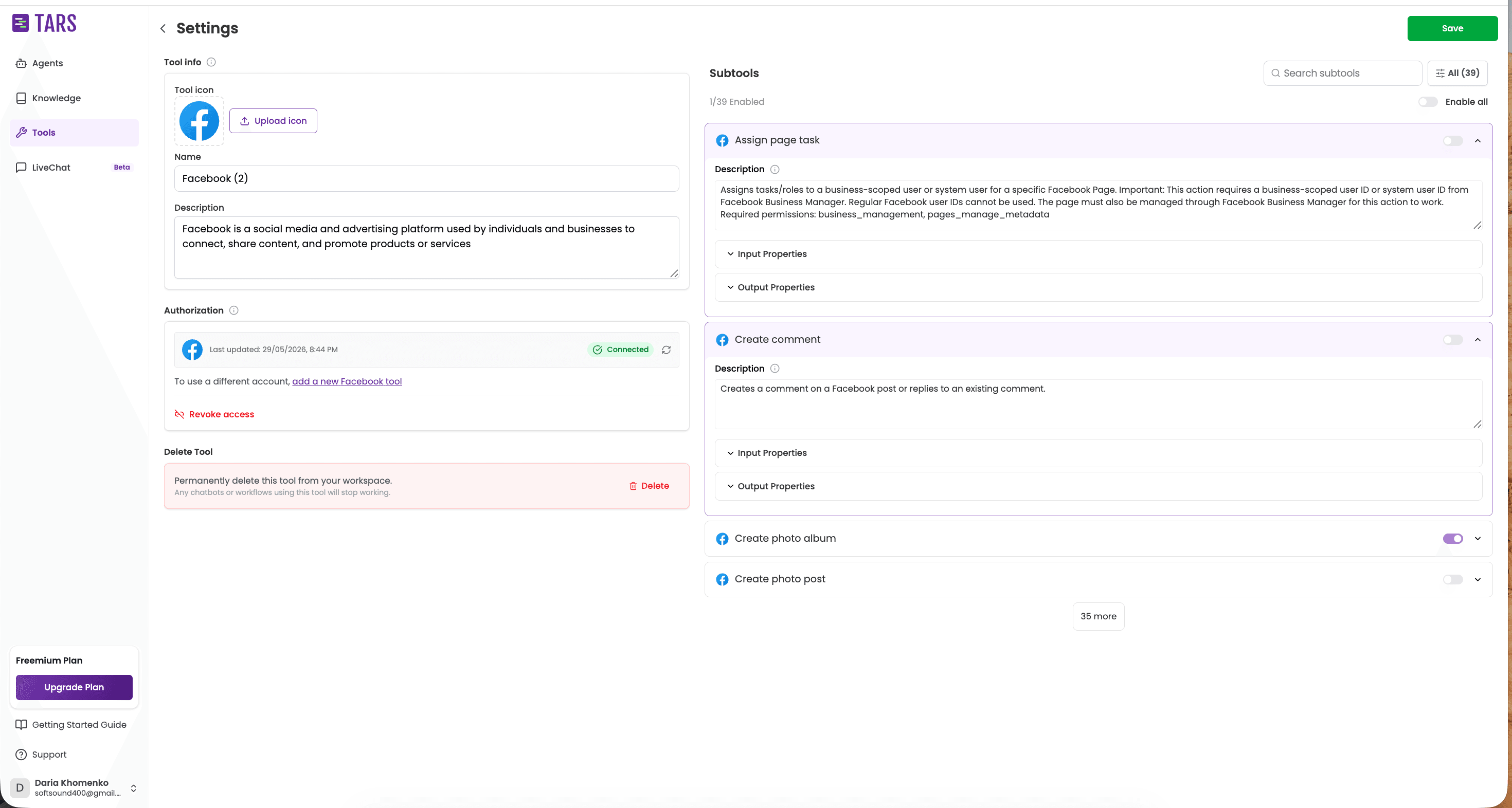 Tars Facebook tool configuration — Facebook page picker (connect via OAuth), Messenger conversation triggers, Comment-to-DM routing, lead-form integration with Facebook Lead Ads, custom audience export field.