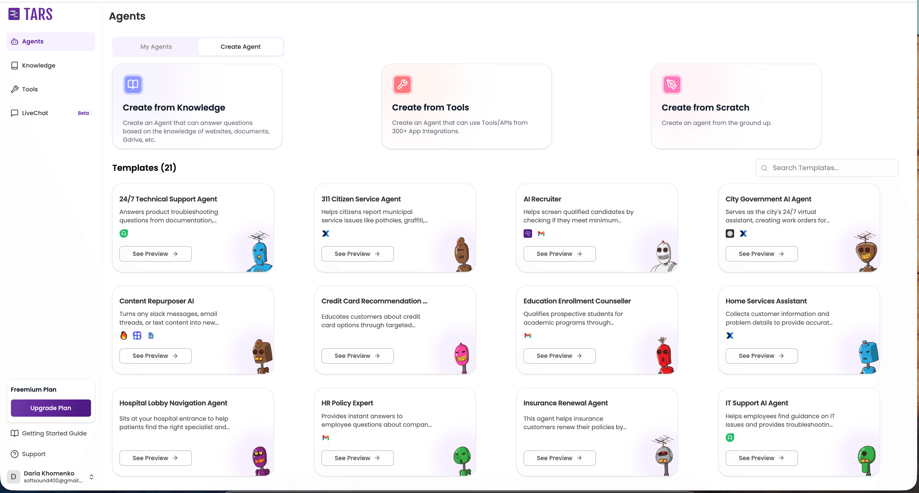 Tars agents tab landing page after Premium-tier signup — top nav with Agents/Templates/Tools/Analytics, main pane shows Create new agent CTA with three paths: Start from template / Start with AI / Start from a tool. Existing agents list below if any.