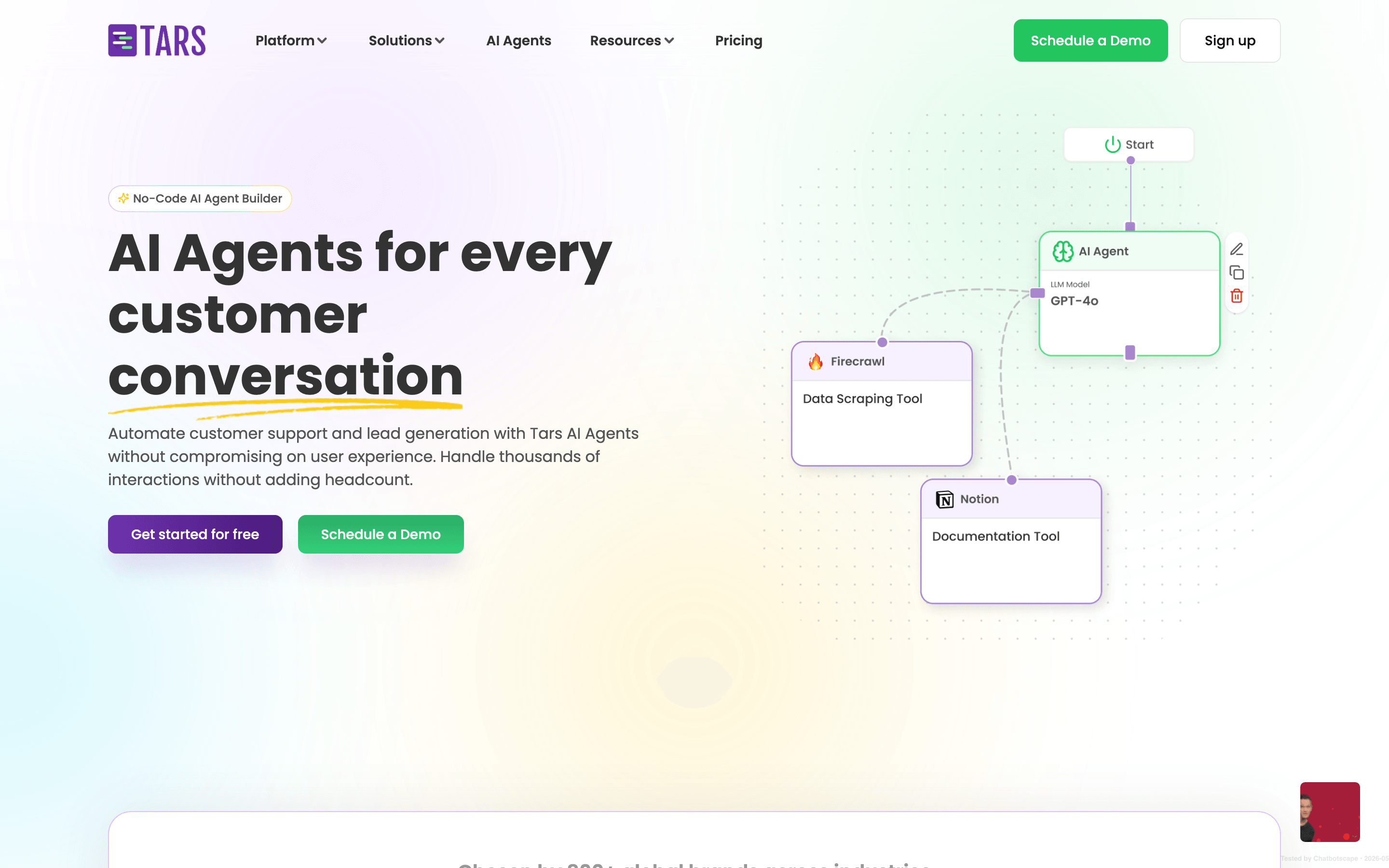 Tars homepage showing AI Agents for every customer conversation positioning