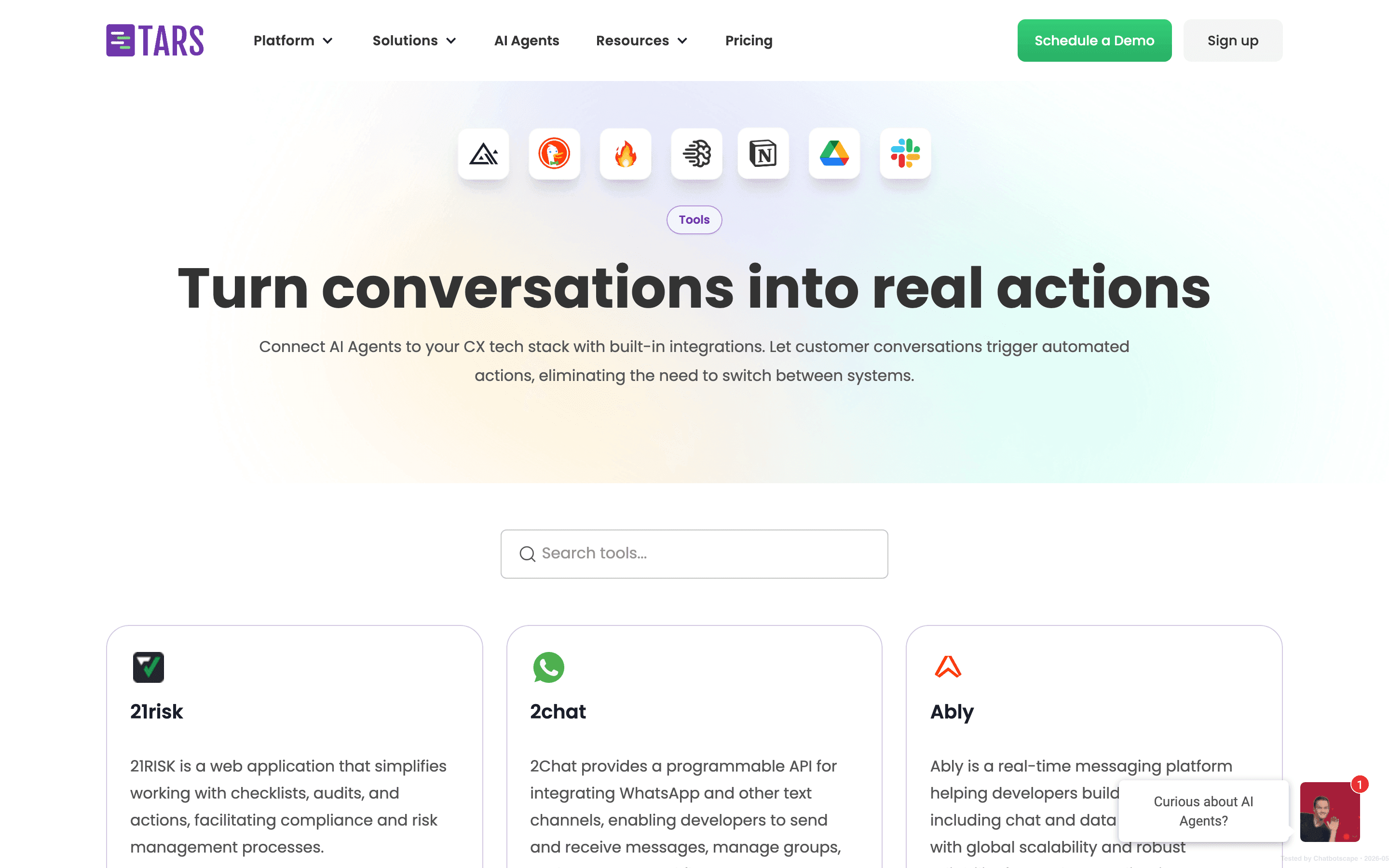 Tars integrations marketplace showing Airtable, Slack, WhatsApp, HubSpot, Calendly, Google Sheets, and Zapier connectors