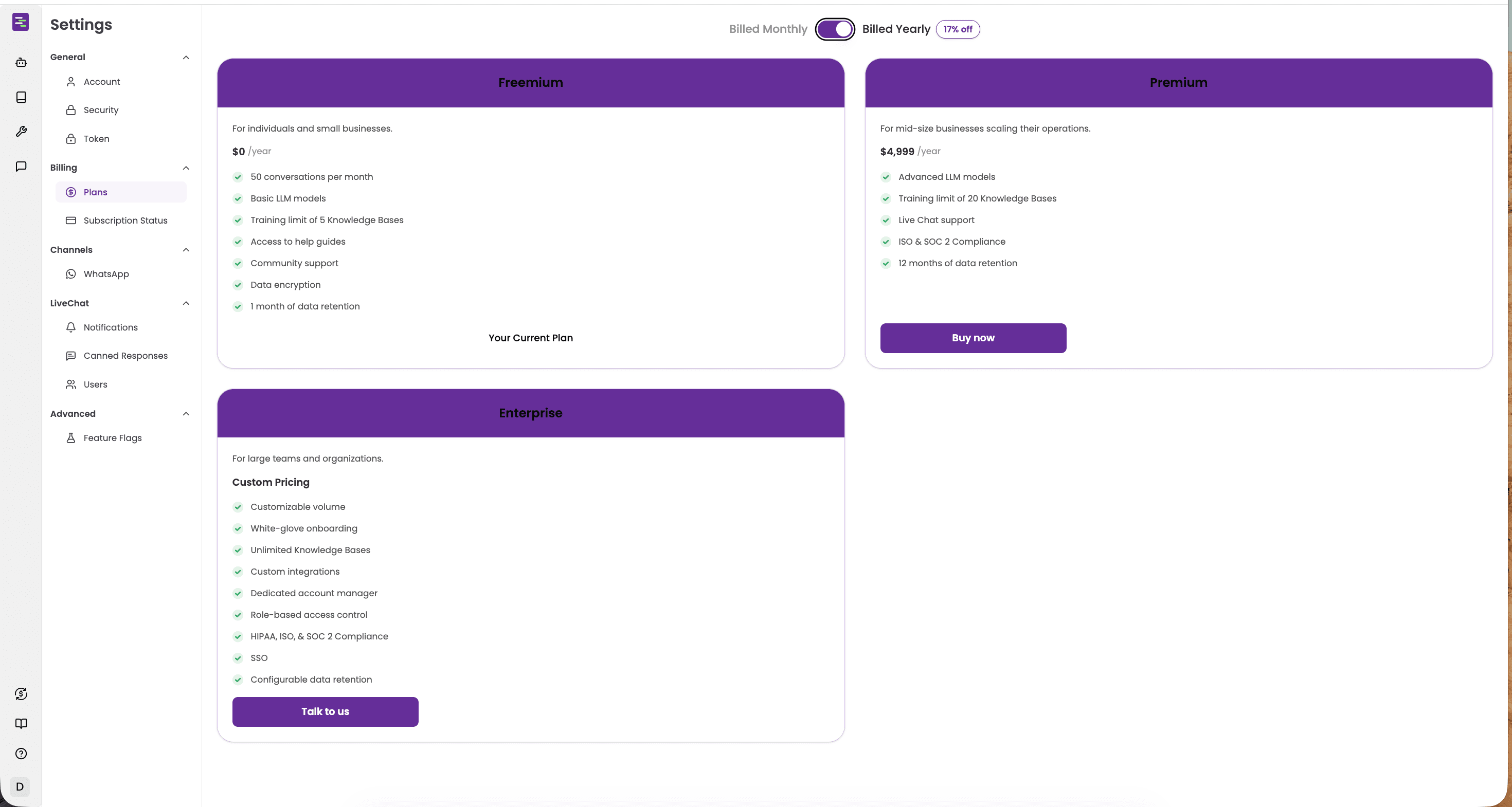 Tars Plans & Settings admin surface — left nav with Workspace / Team / Billing / API keys / Webhooks / Compliance items. Main pane shows current plan (Premium $499/mo) with usage indicators: conversations / month consumed, AI requests consumed, active agents count, included integrations. Upgrade CTAs for higher tiers.
