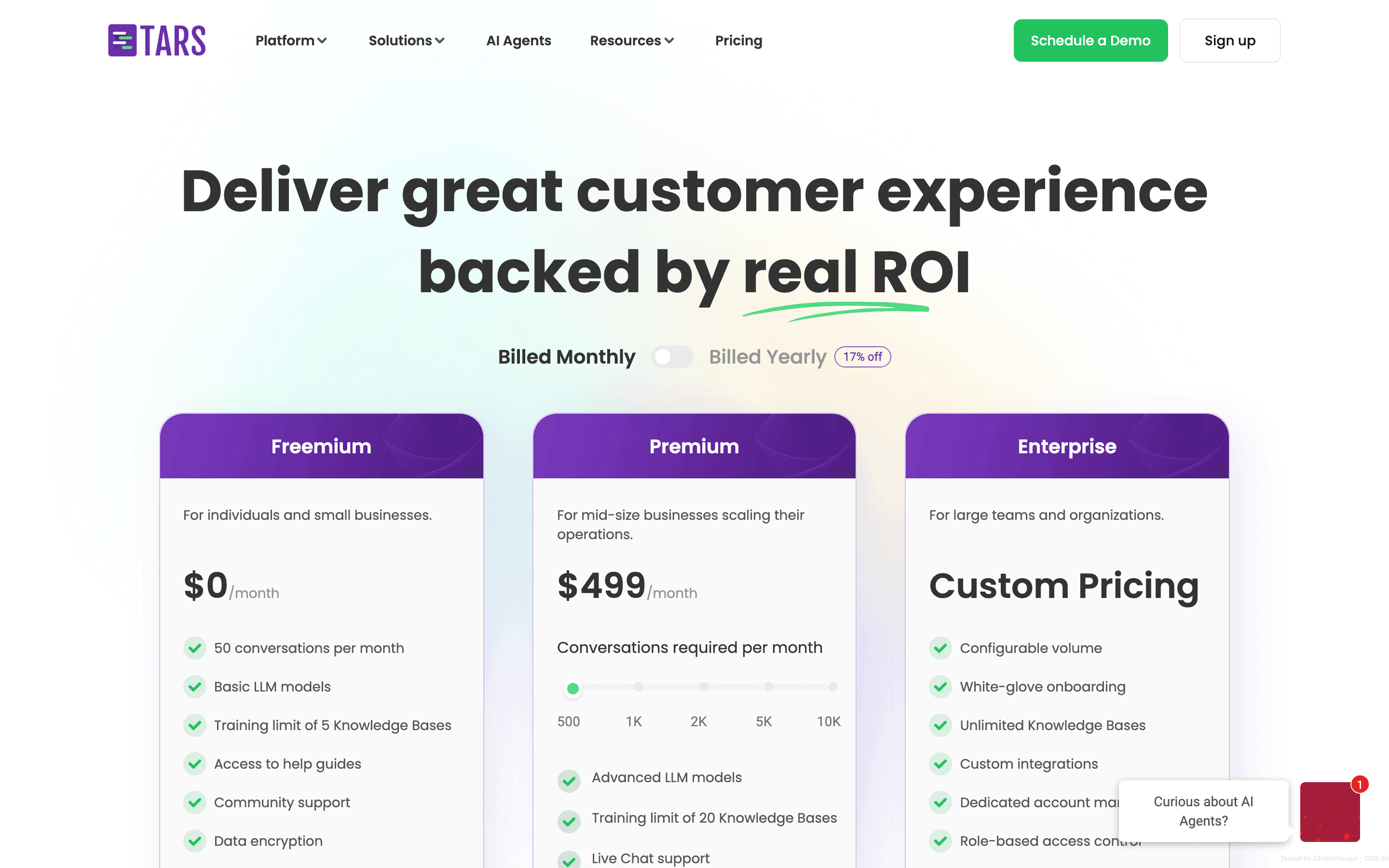 Tars pricing page showing three-tier structure with Freemium, Premium $499/mo, and Enterprise Custom