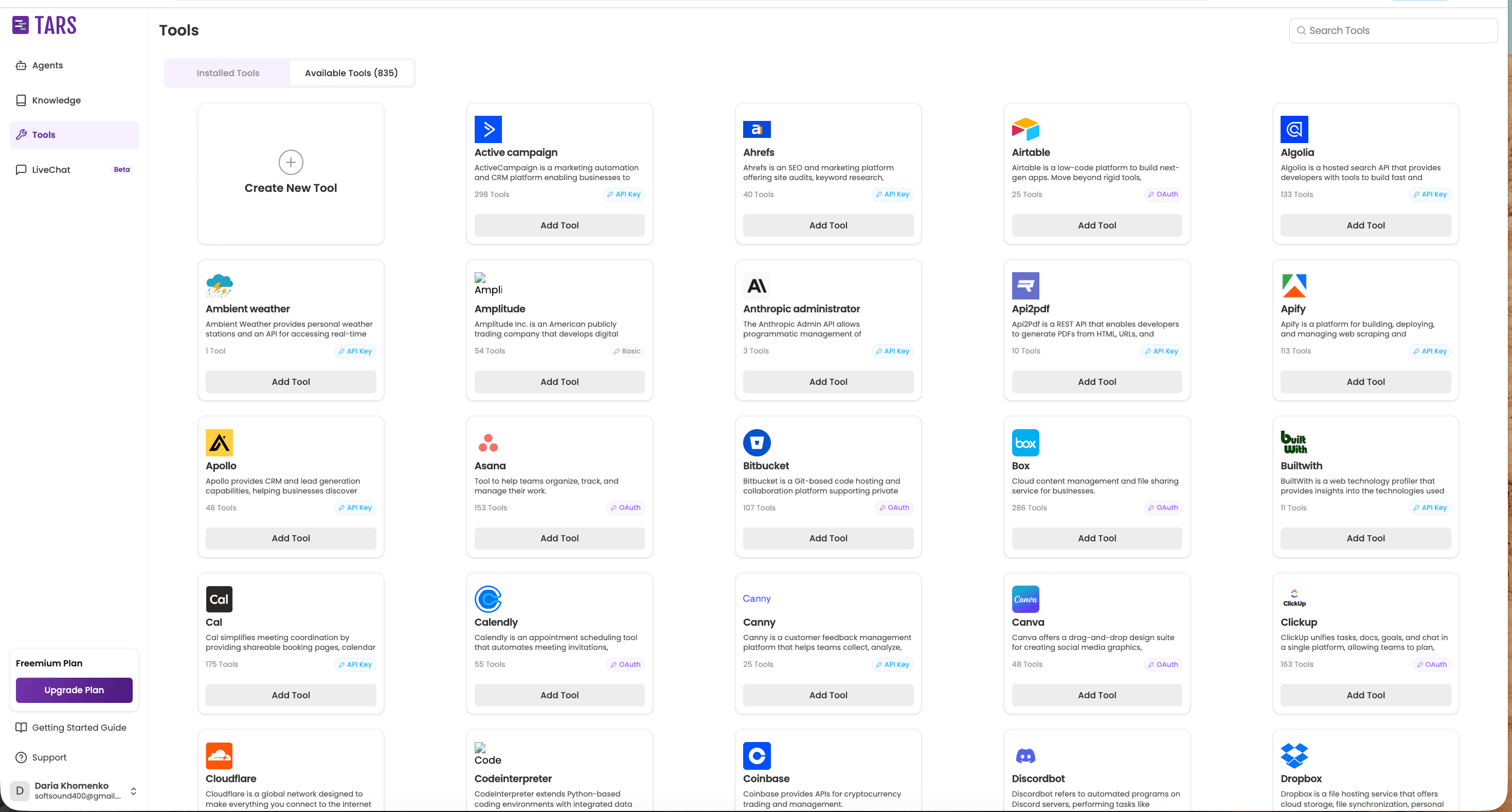 Tars tools tab — grid of configured tool integrations with status indicators. Visible tools: HubSpot CRM (Connected), Salesforce (Connected), Calendly (Connected), Slack (Connected), Zapier (Connected), Google Sheets (Connected), Mailchimp (Connected), Airtable (Connected), Stripe (Connected), HIPAA-compliant webhook (Connected), plus Add new tool CTA.