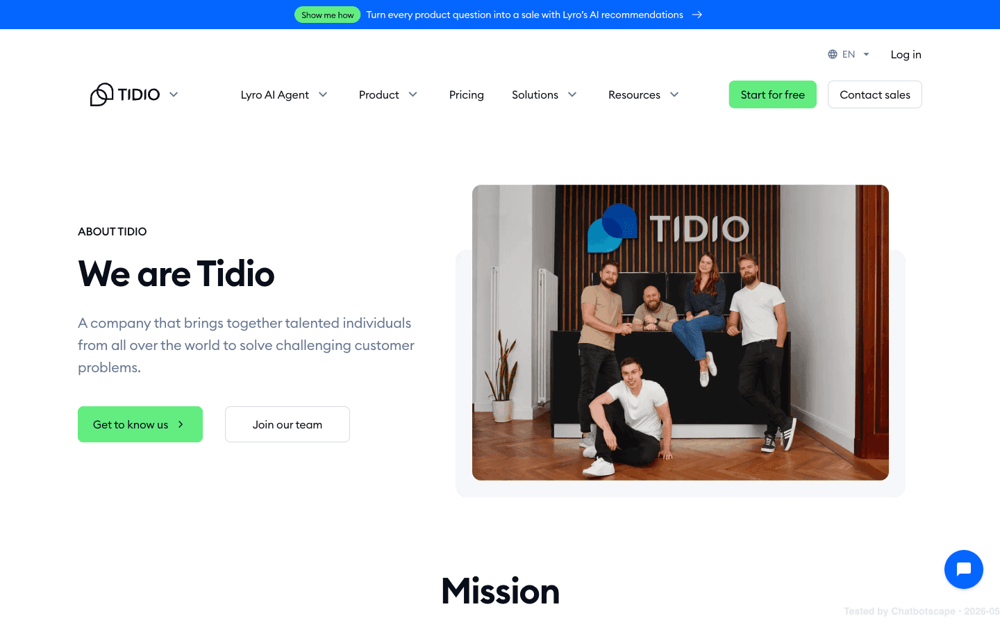 Tidio about-us page showing 2013 Polish founding, founder Tytus Gołas, $25M Series B funding, and employee count