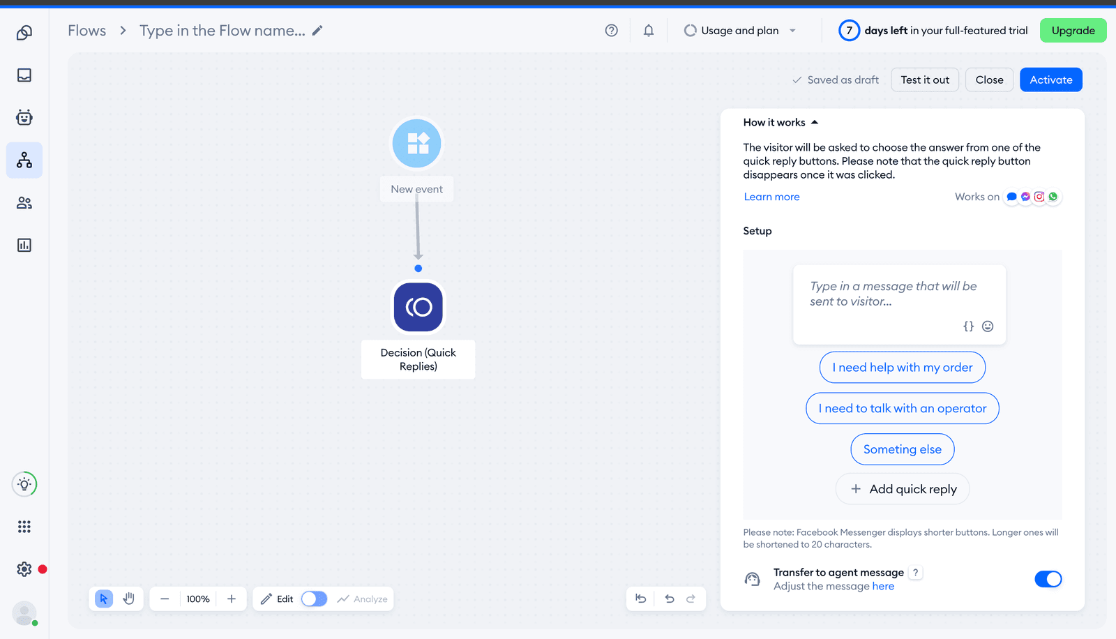 Tidio Flow editor showing Decision (Quick Replies) node with three reply options I need help with my order, I need to talk with an operator, Something else, and Transfer to agent toggle