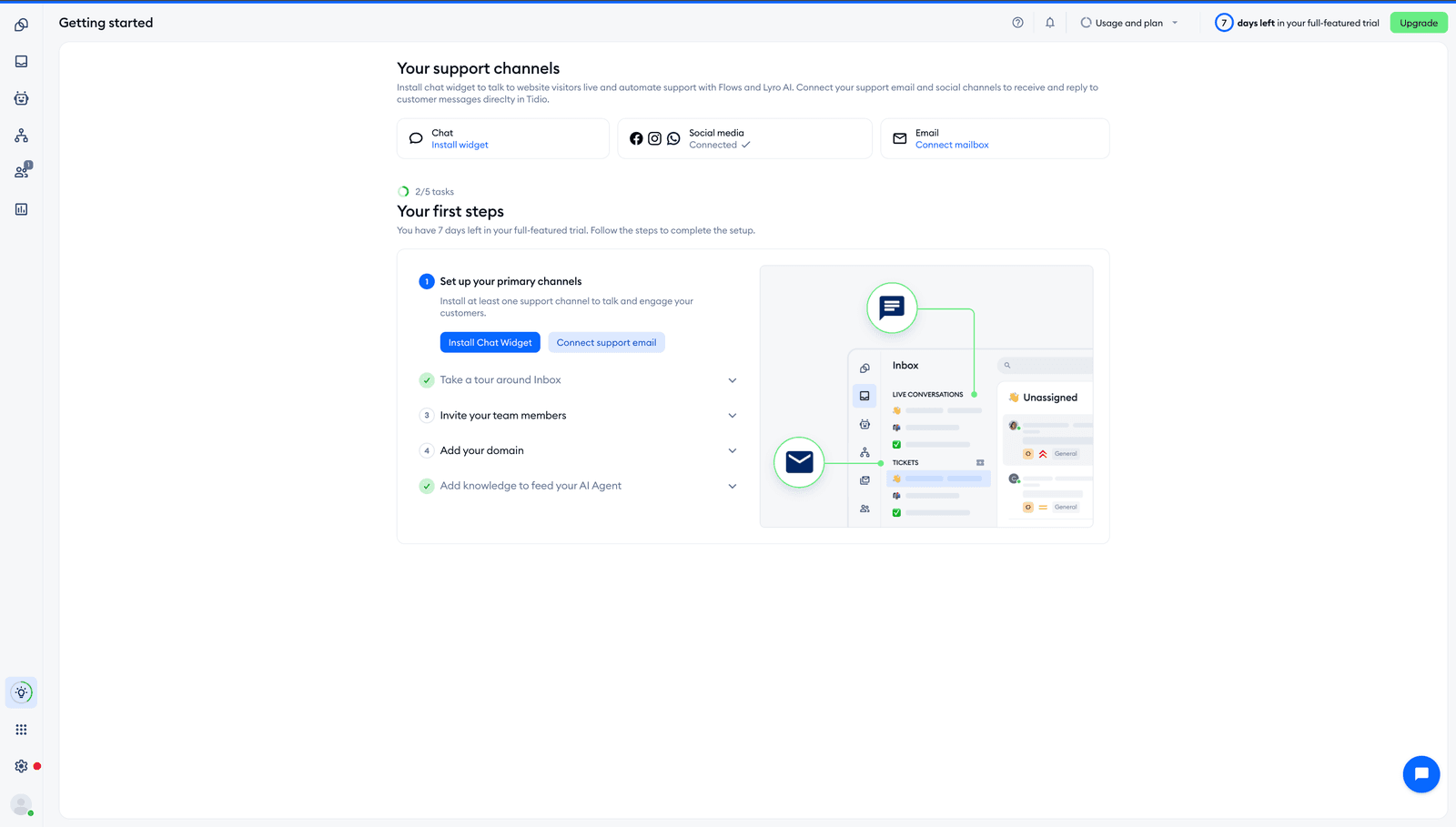 Tidio Getting Started panel showing 2 of 5 onboarding tasks completed, with Install Chat Widget and Connect support email options