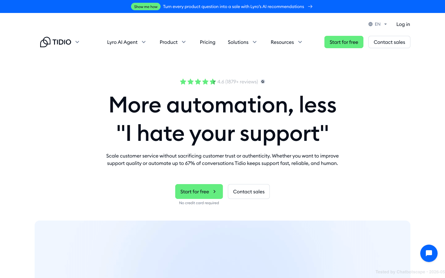 Tidio homepage hero section showing live chat positioning and trust ratings from G2, Capterra, and Shopify
