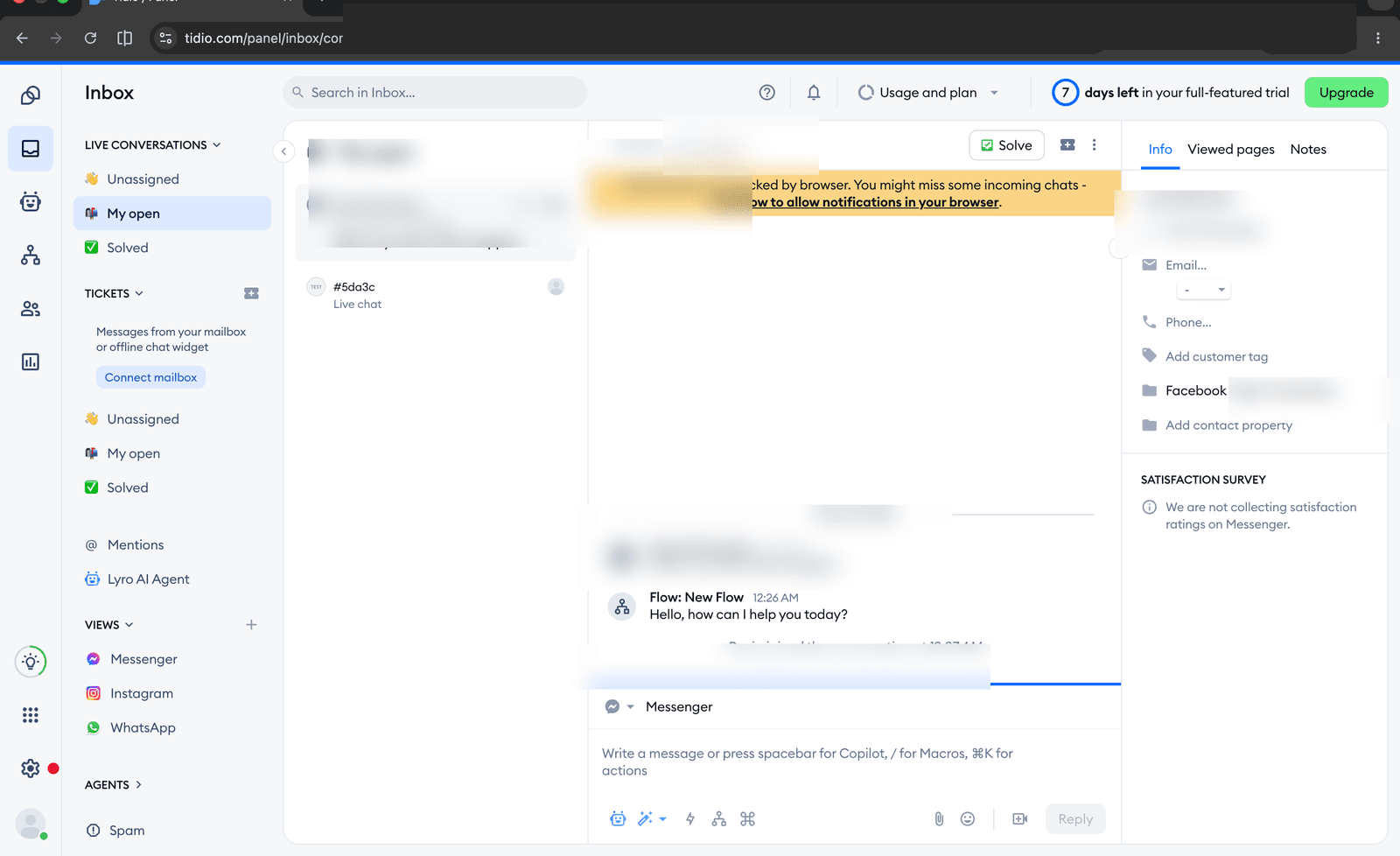 Tidio Inbox panel showing My open conversations list, a live conversation thread with assignee chip, Customer Data sidebar with redacted PII, and Satisfaction Survey panel