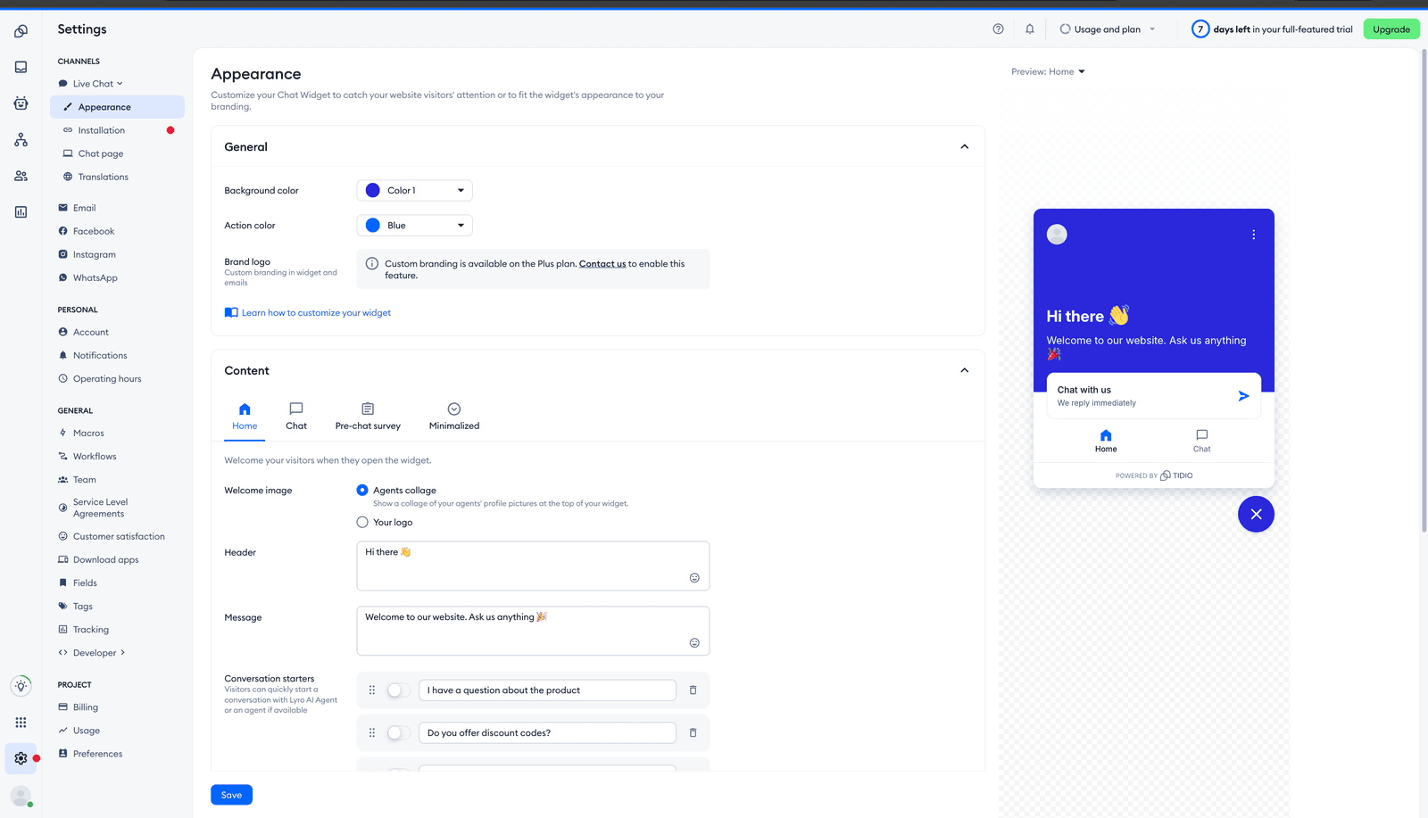 Tidio Live Chat Appearance settings showing background color picker, action color, welcome image, header Hi there, message Welcome to our website, conversation starters, and right-side widget preview