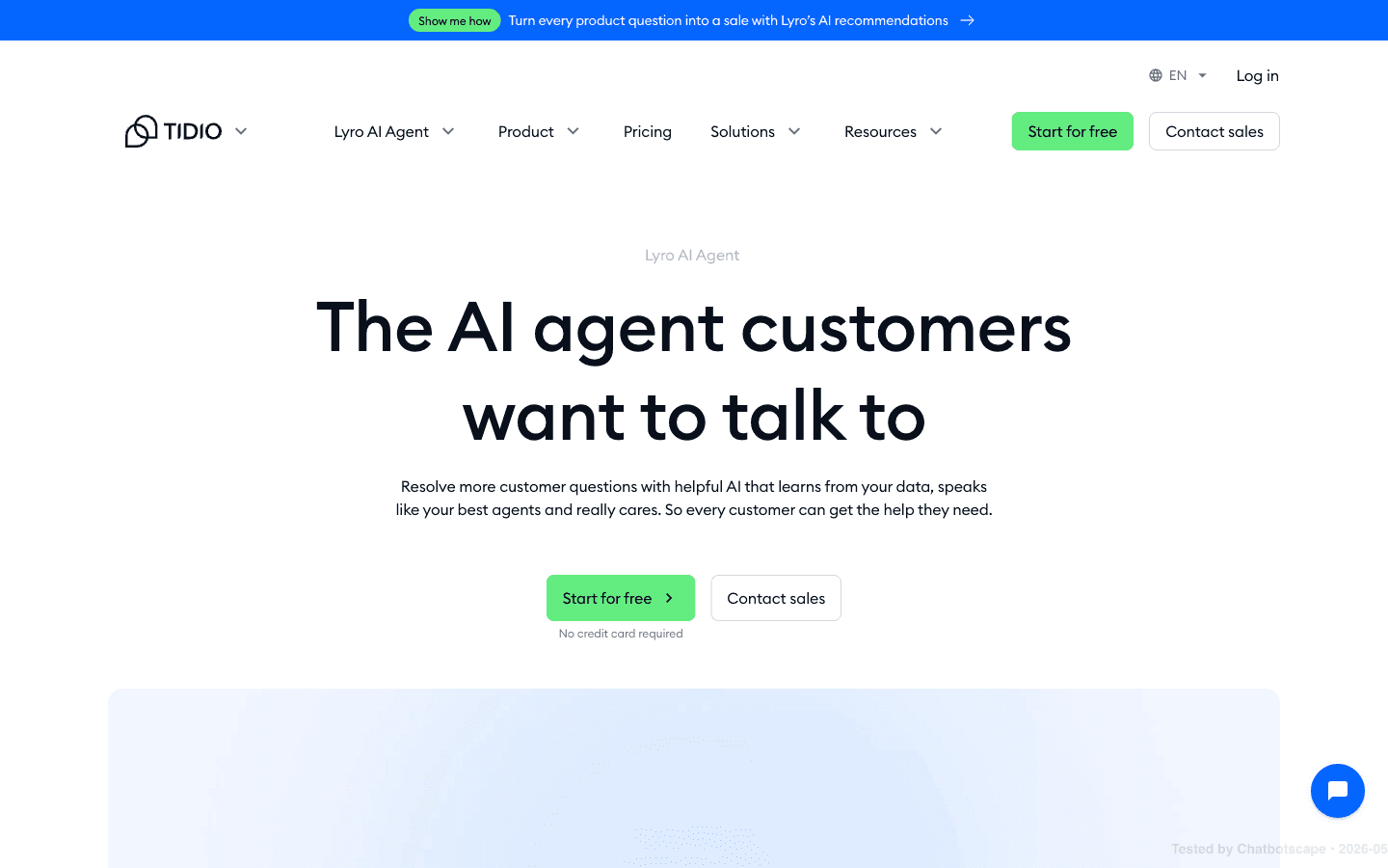 Tidio Lyro AI agent page showing Claude integration, MCP support, and resolution rate guarantee