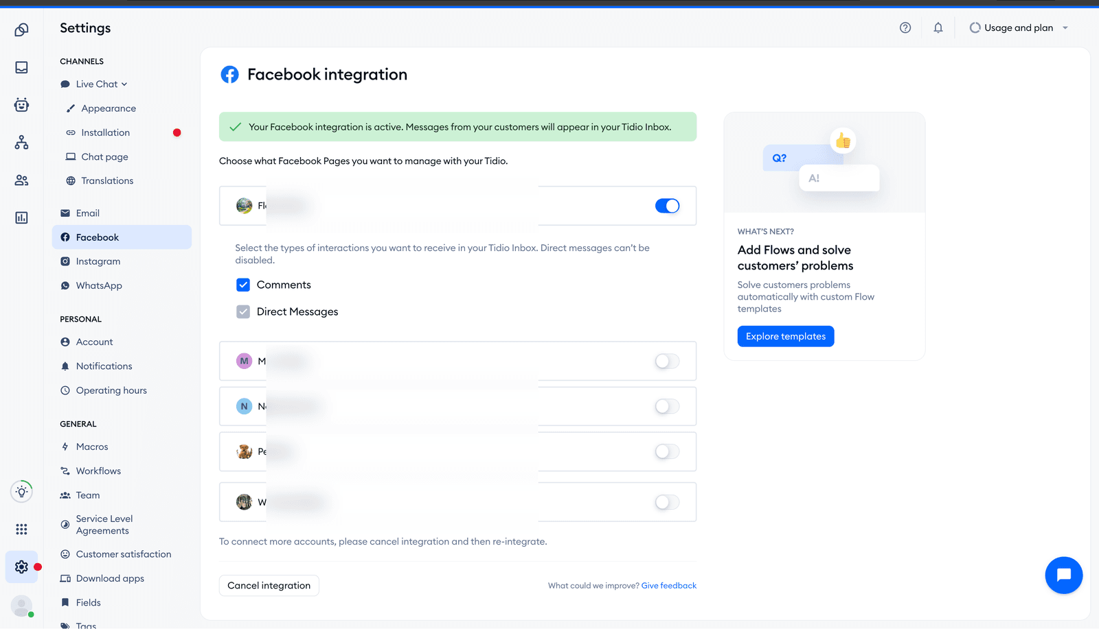 Tidio Facebook integration settings page showing 5 connected Facebook Pages with toggles, Comments and Direct Messages permission checkboxes, page names redacted
