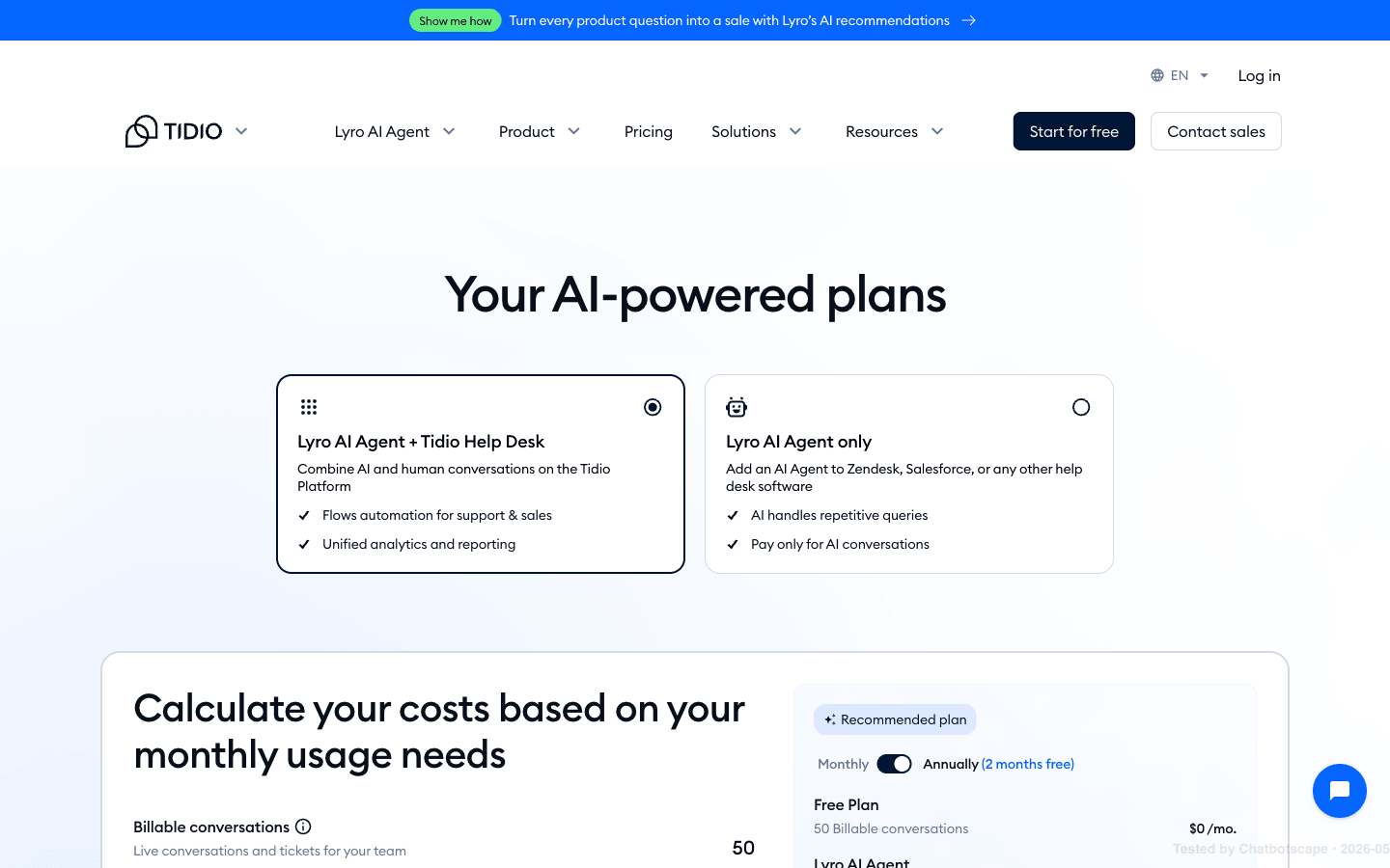 Tidio pricing page showing five-tier pricing structure with Free, Starter, Growth, Plus, and Premium tiers