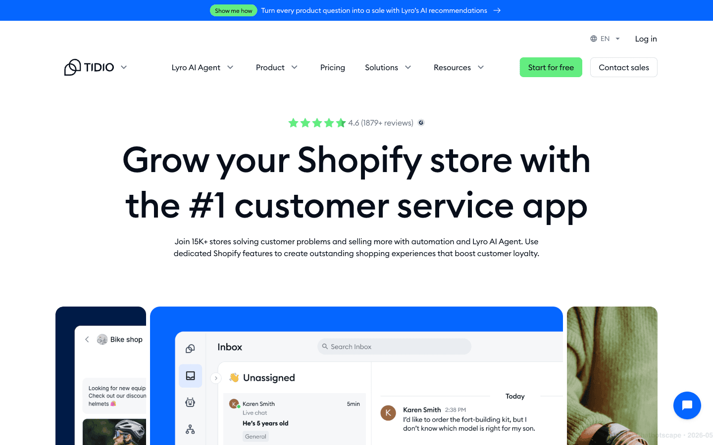 Tidio Shopify integration page showing native connector features and store rating