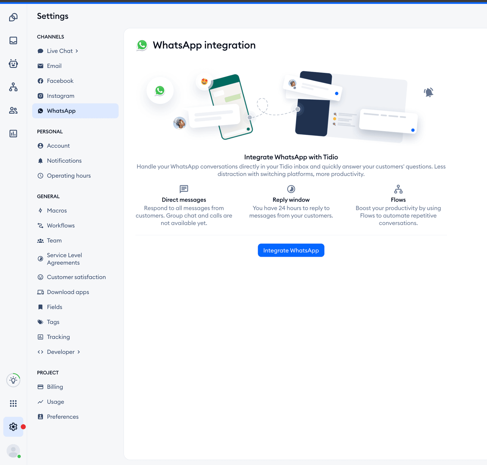 Tidio WhatsApp integration page showing three capability cards Direct messages, Reply window 24 hours, Flows, and Integrate WhatsApp button