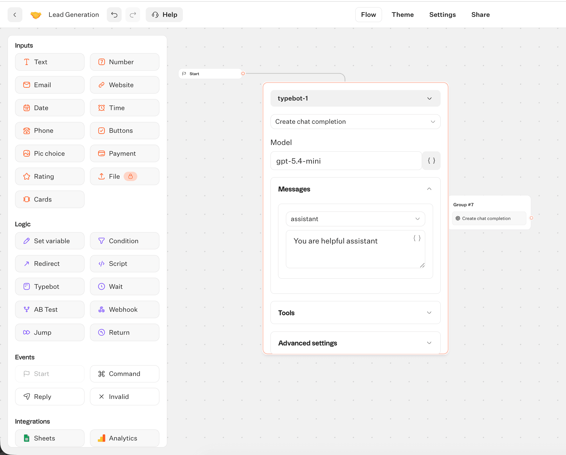 Typebot AI provider configuration panel showing API key input fields for OpenAI Anthropic and other providers alongside AI block settings demonstrating genuine BYOLLM support
