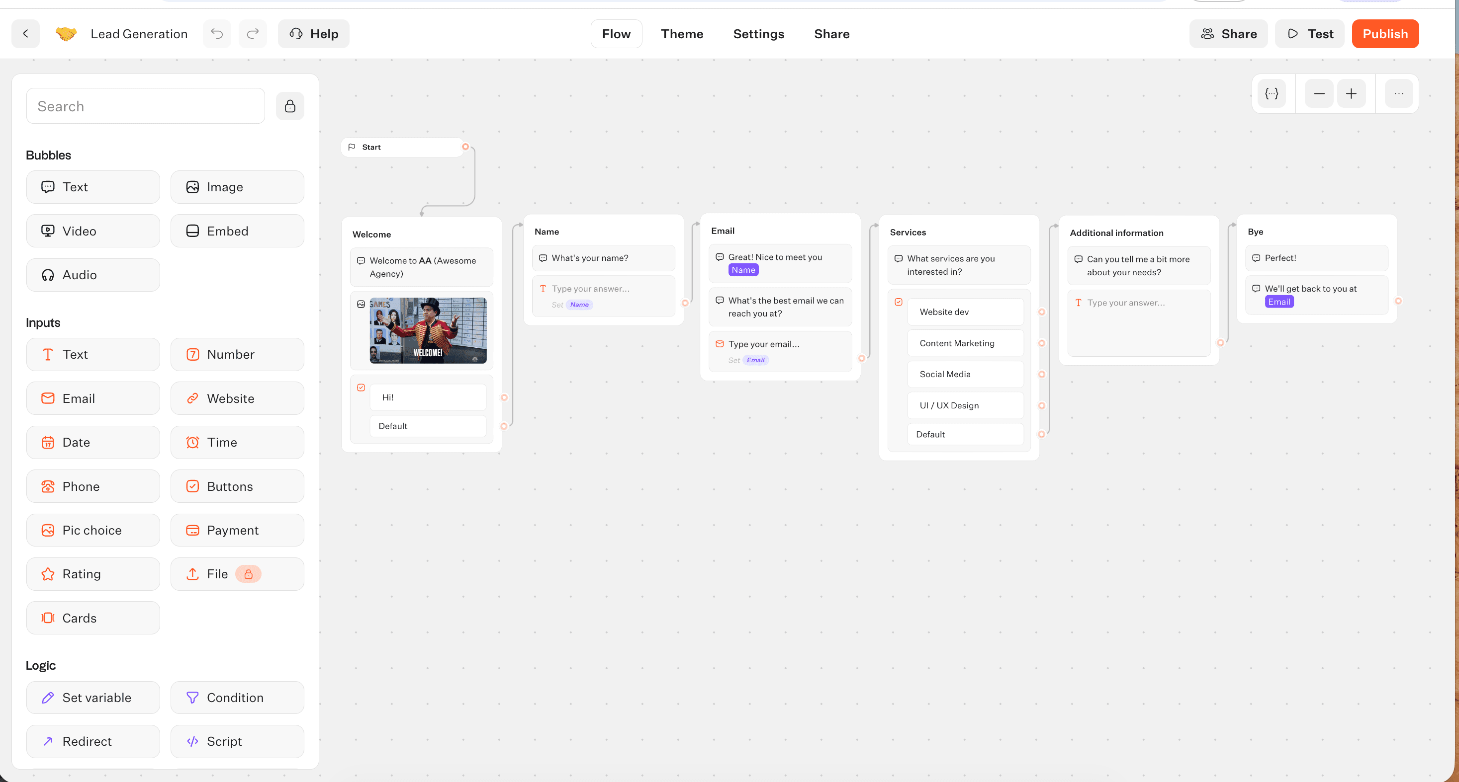 Typebot visual flow builder canvas showing connected blocks with conditional logic arrows representing a multi-step chatbot flow on Pro-tier workspace